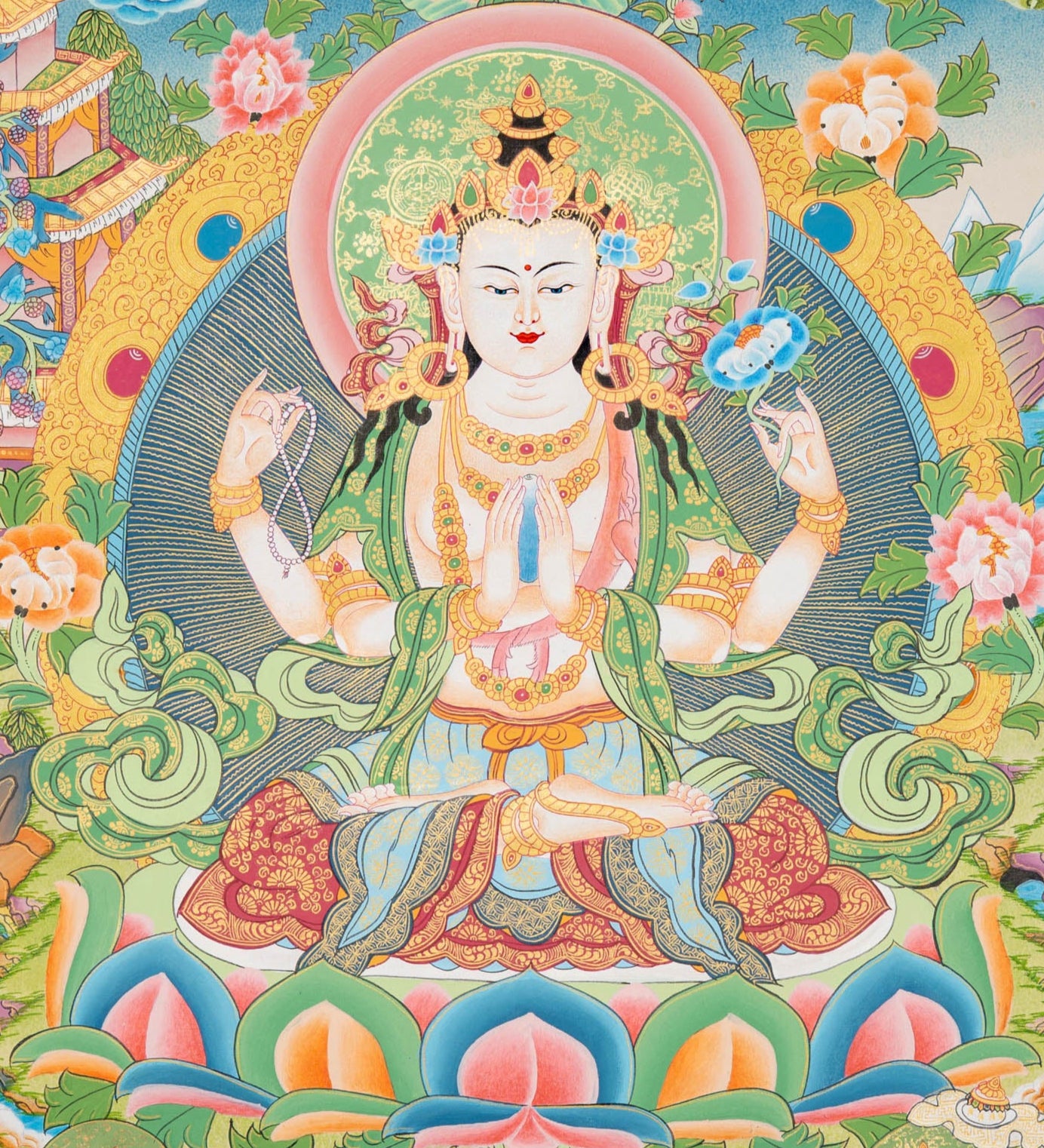 Four-Armed Chengrezig Thangka - Spiritual Art