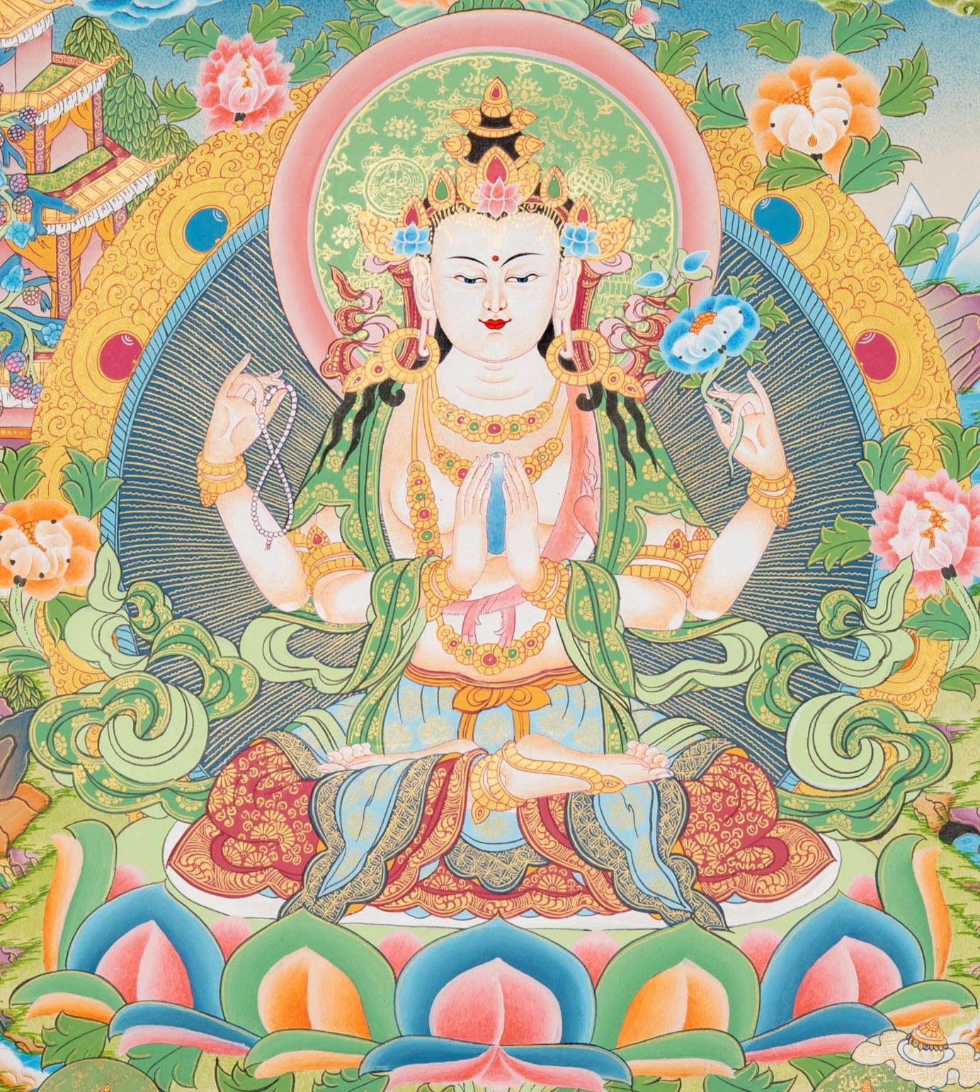 Four-Armed Chengrezig Thangka - Spiritual Art
