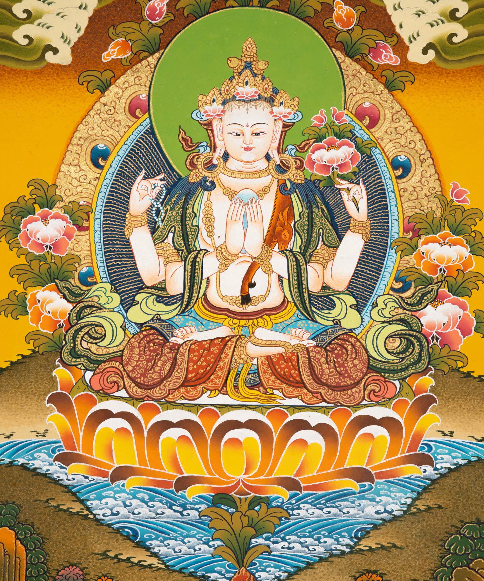 Chenrezig Thangka Painting –  Tibetan Art for Compassion