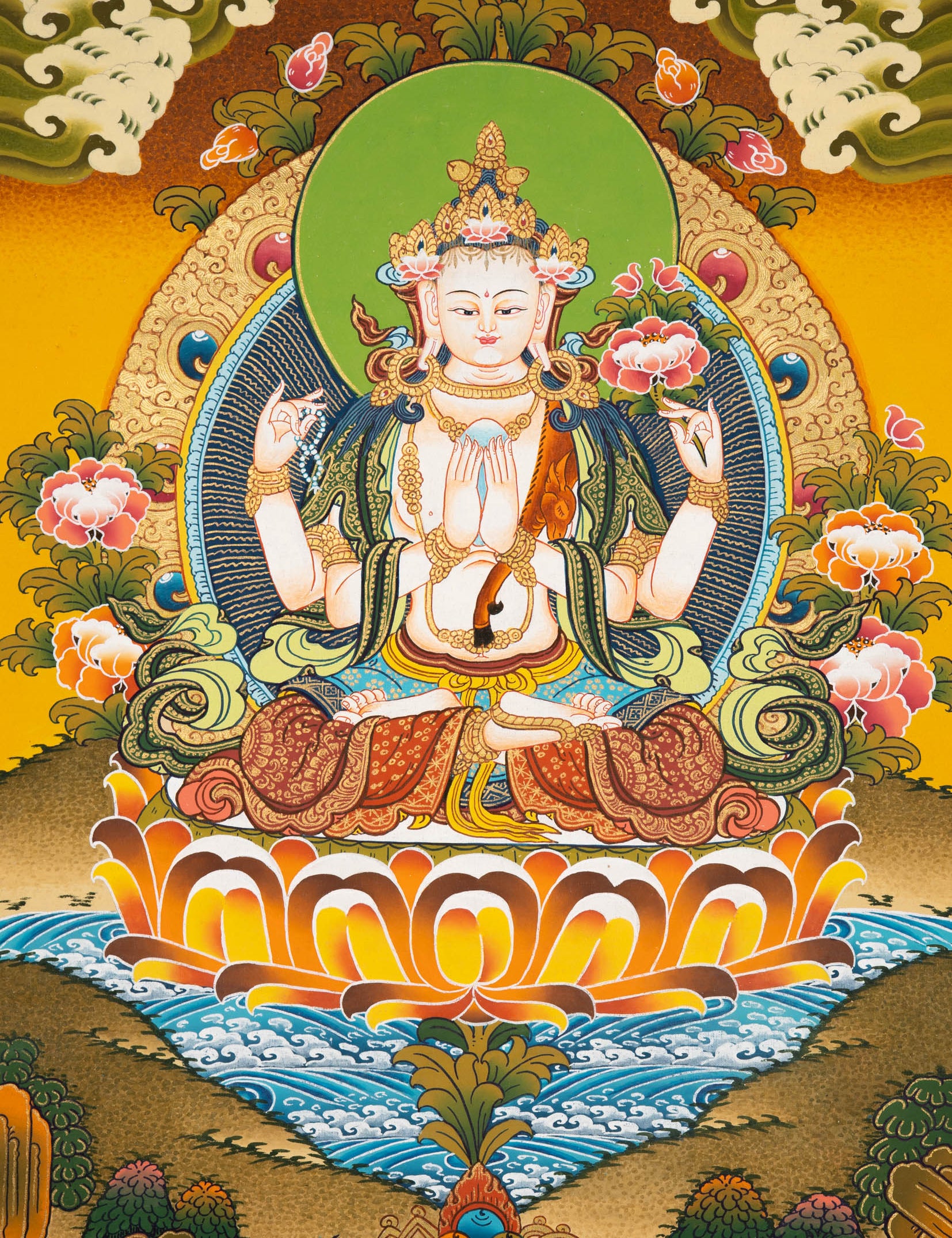 Chenrezig Thangka Painting –  Tibetan Art for Compassion