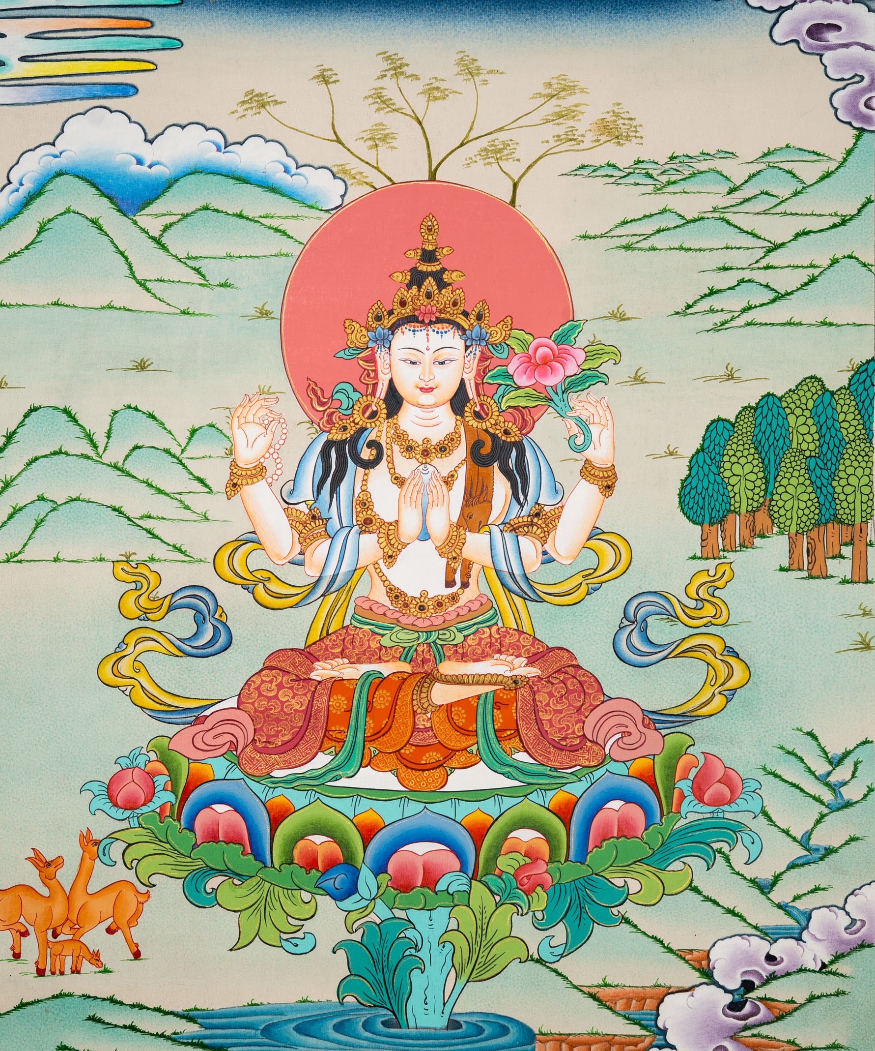 Chenrezig Thangka Painting  - handpainted art