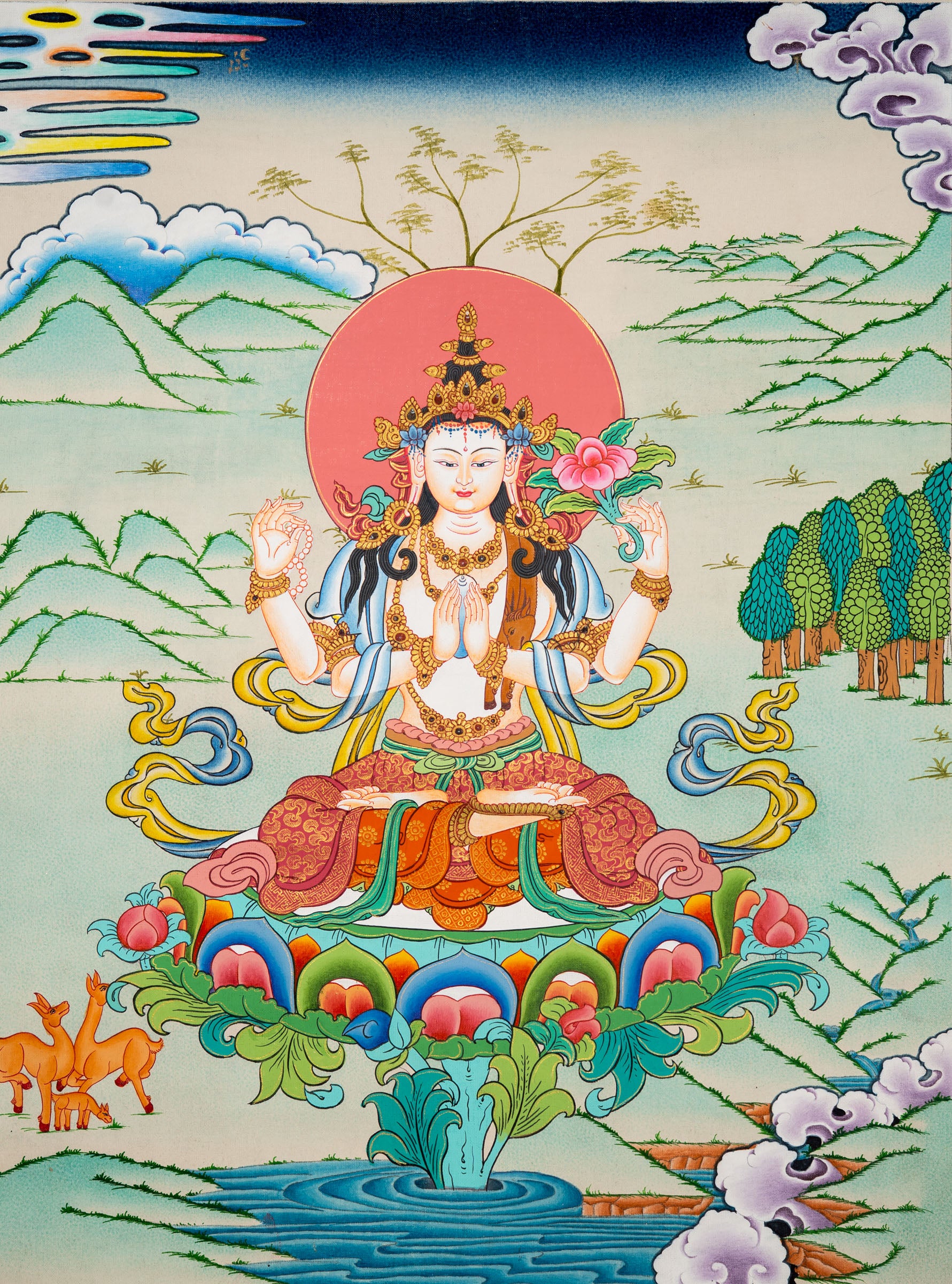 Chenrezig Thangka Painting  - handpainted art