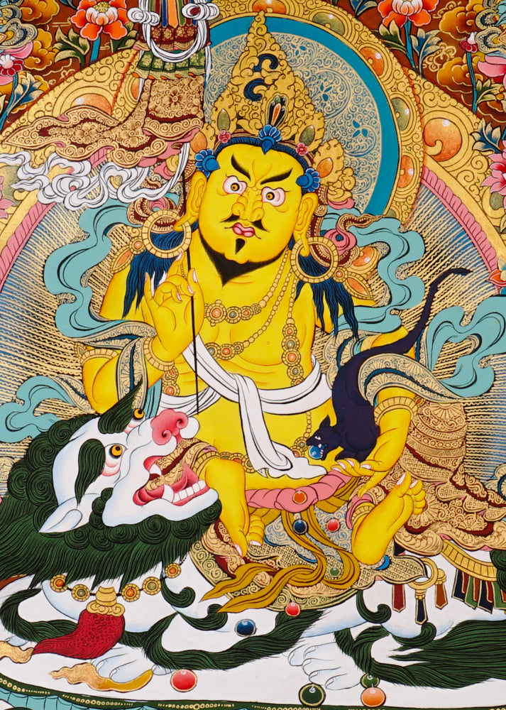 Five Singh Zambhala thangka with Yellow Zambhala riding snow lion