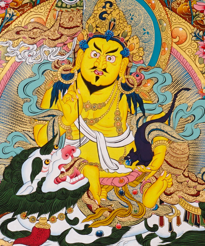 Five Singh Zambhala thangka with Yellow Zambhala riding snow lion