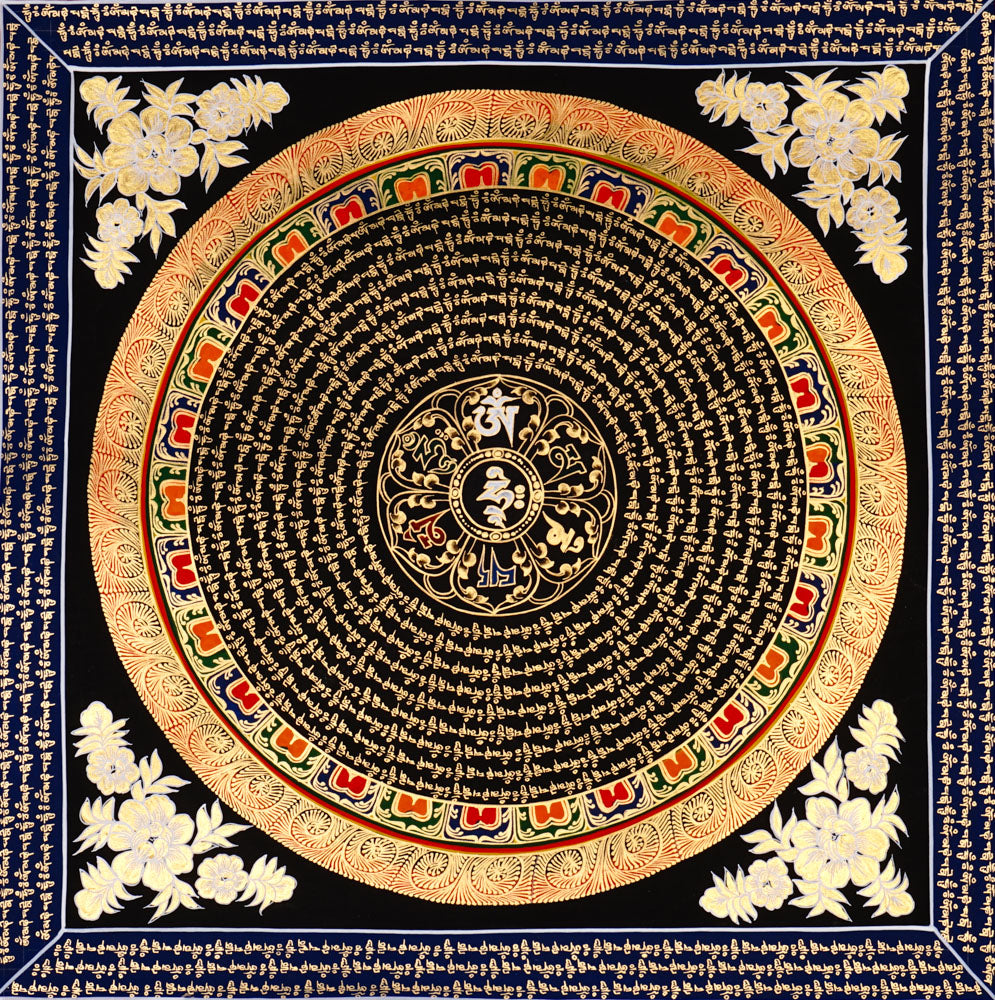Handcrafted Tibetan mantra mandala thangka with gold script, floral corner motifs, and ornate circular design on a black background