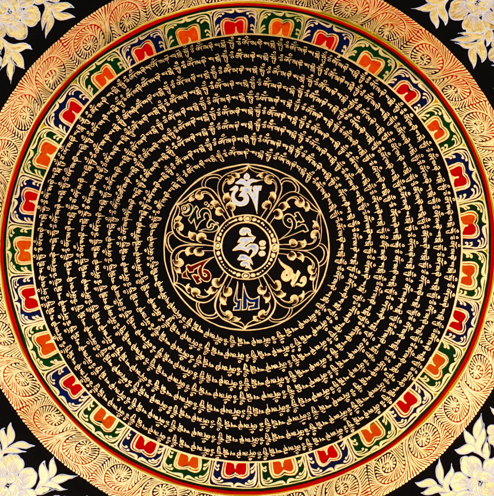 Handcrafted Tibetan mantra mandala thangka with gold script, floral corner motifs, and ornate circular design on a black background