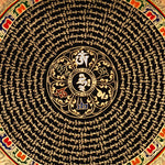 Handcrafted Tibetan mantra mandala thangka with gold script, floral corner motifs, and ornate circular design on a black background