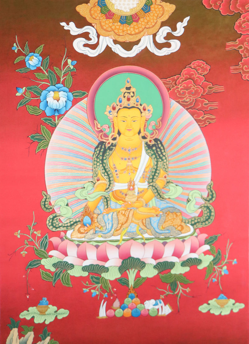 Crown Buddha Thangka is a strong visual aid for meditation and contemplation, enabling people to expand their knowledge of the Buddha's teachings.