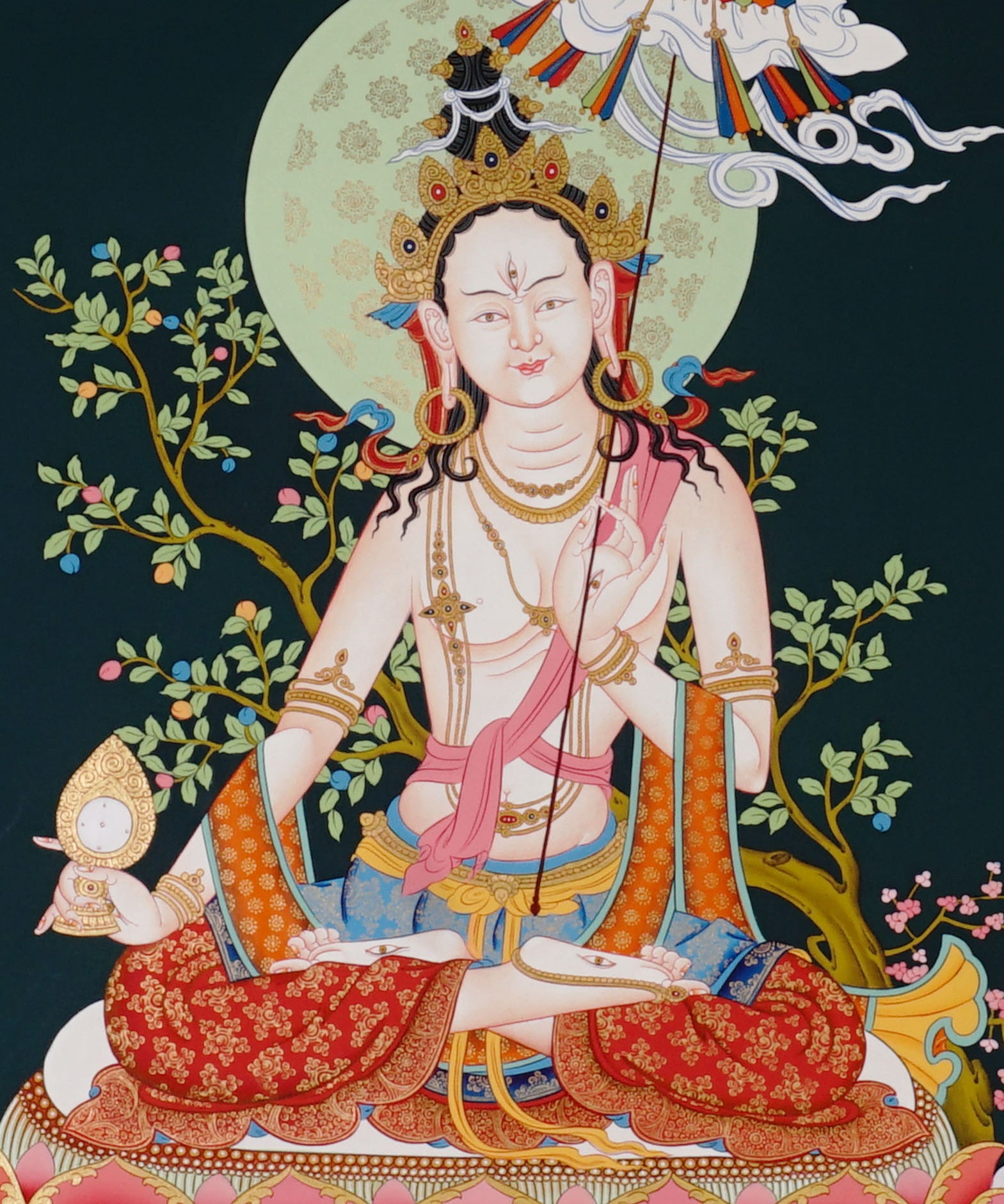 Dukkar thangka painting White Umbrella Goddess Tibetan protective deity with multiple arms seated on lotus