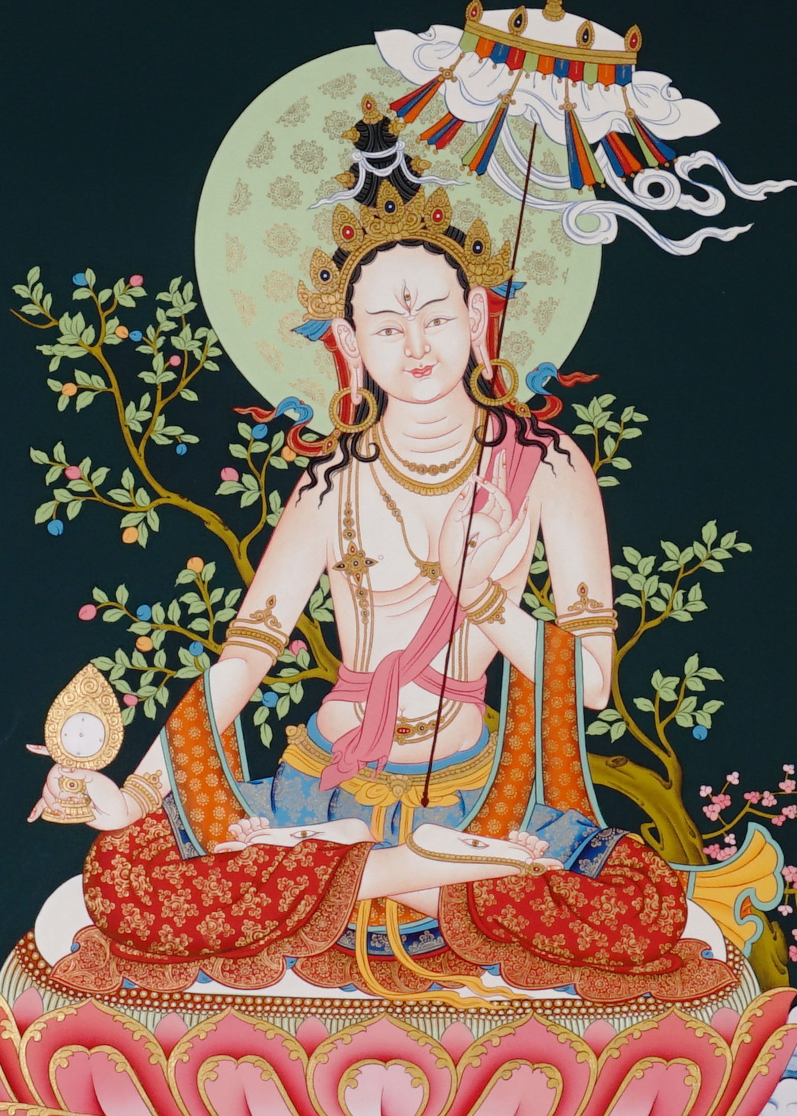 Dukkar thangka painting White Umbrella Goddess Tibetan protective deity with multiple arms seated on lotus