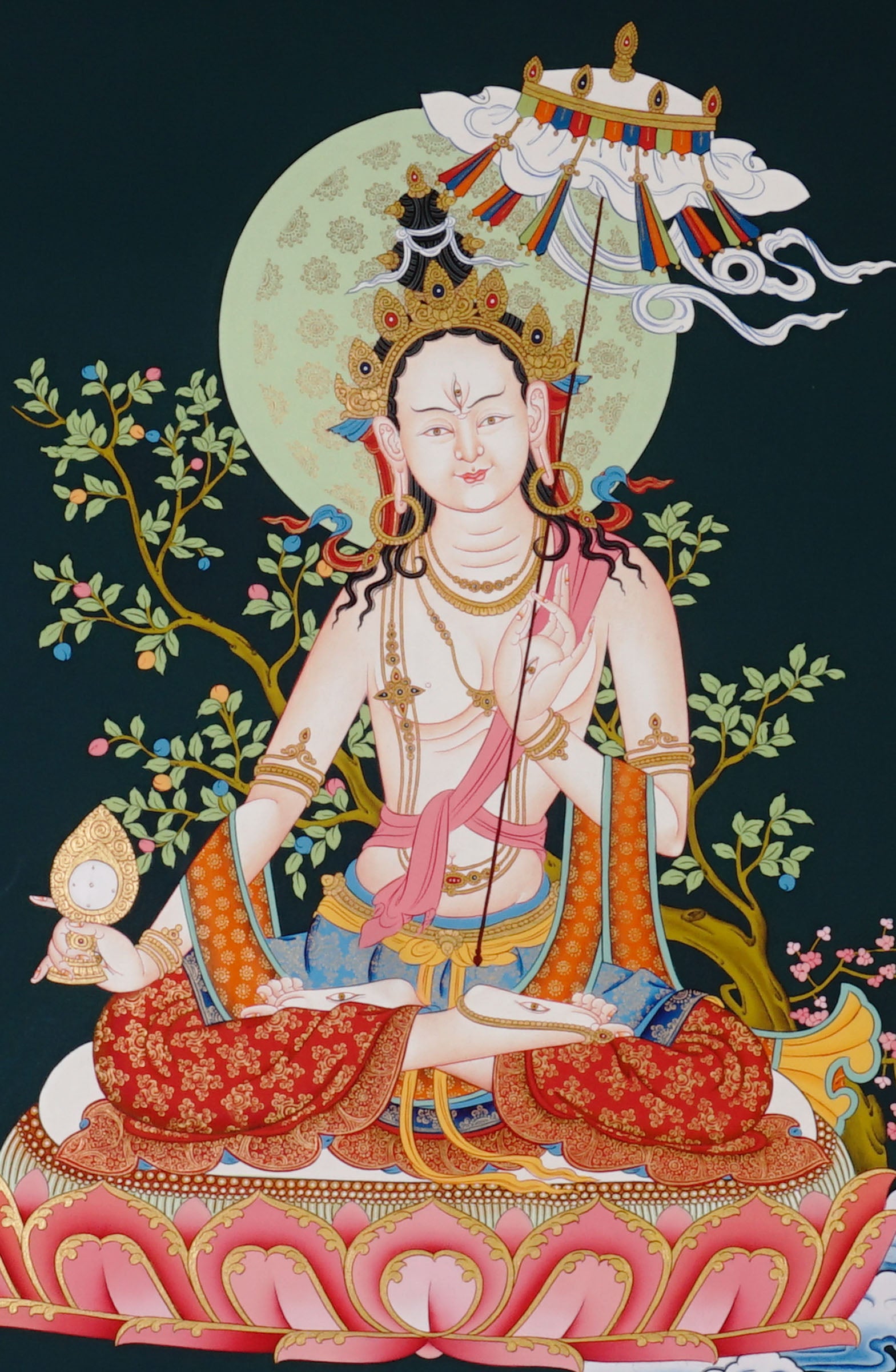 Dukkar thangka painting White Umbrella Goddess Tibetan protective deity with multiple arms seated on lotus