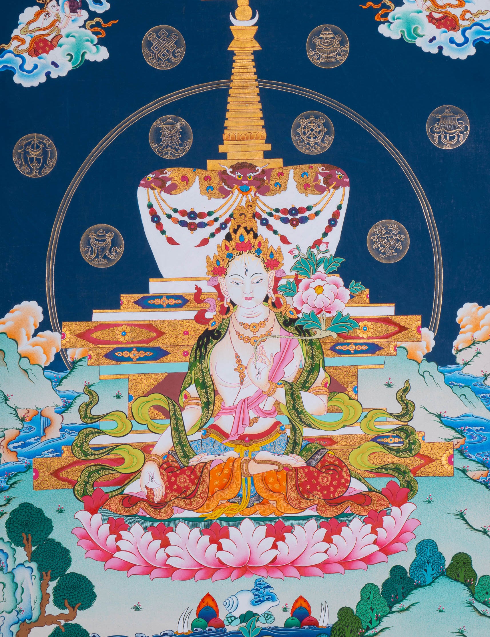 Handpainted White Tara (Stupa) Thangka - Tibetan Art