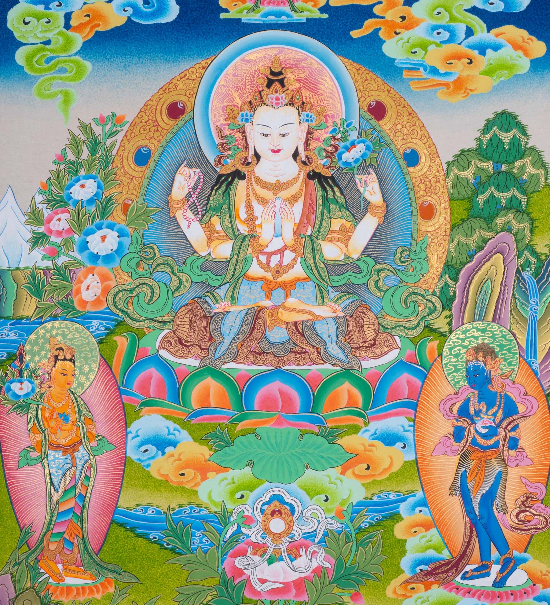Chenrezig Thangka Painting with two deities