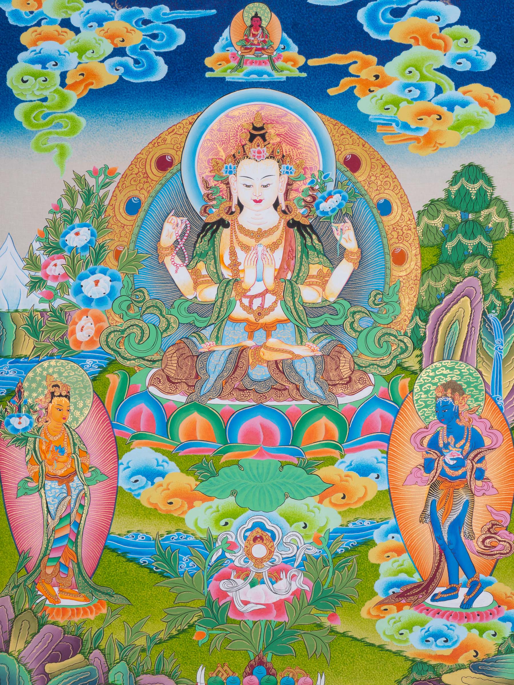 Chenrezig Thangka Painting with two deities