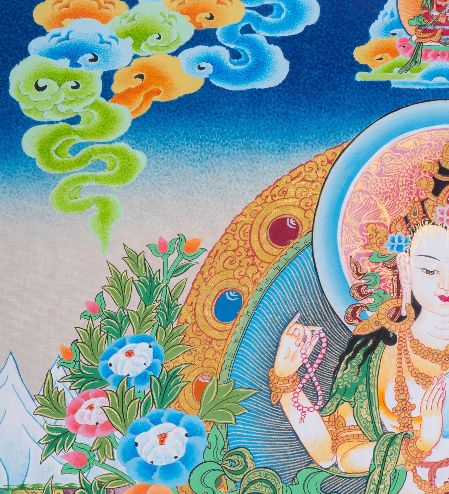 Chenrezig Thangka Painting with two deities