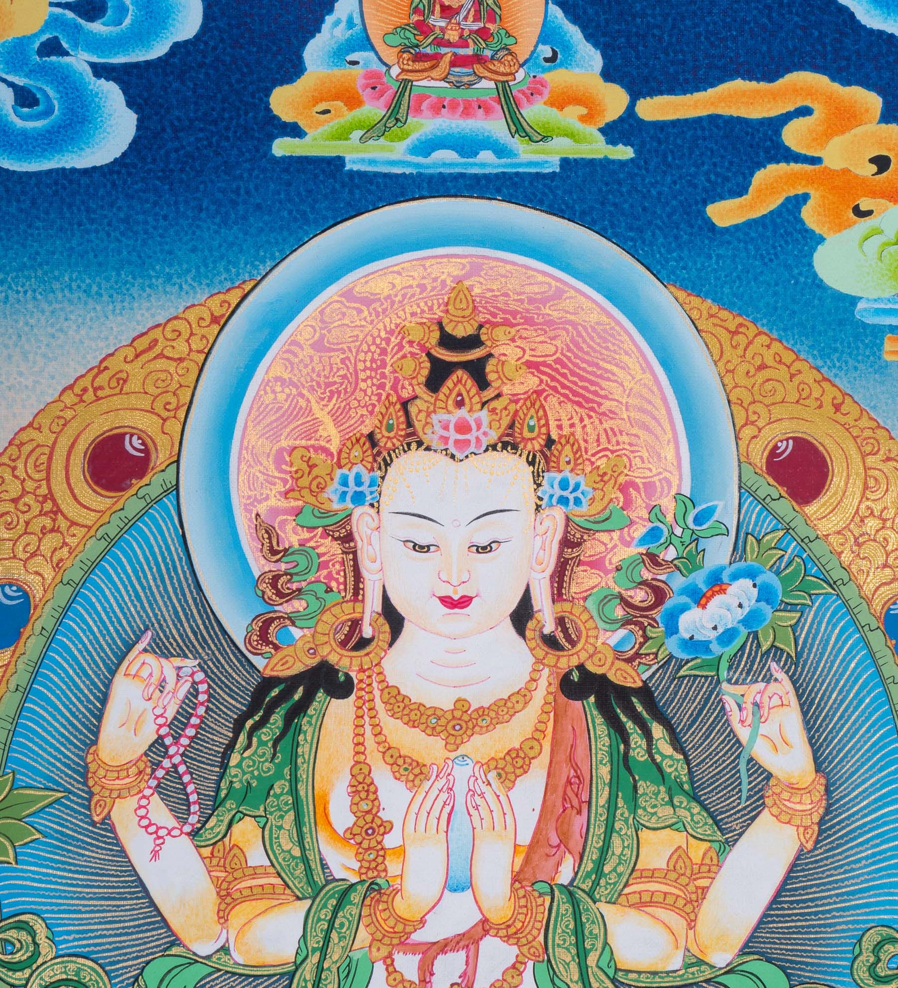 Chenrezig Thangka Painting with two deities