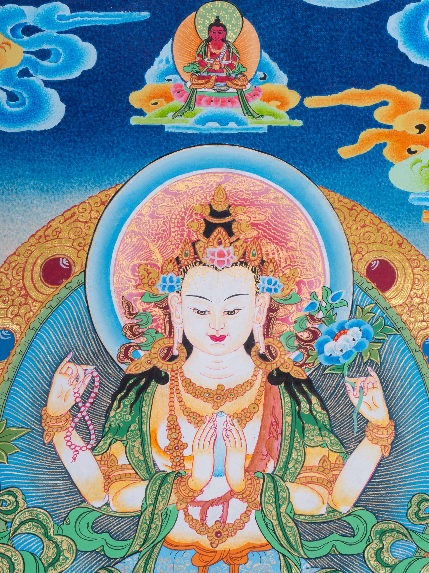 Chenrezig Thangka Painting with two deities