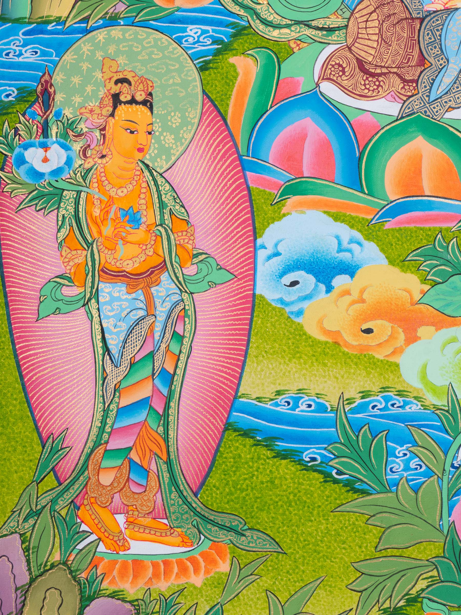 Chenrezig Thangka Painting with two deities