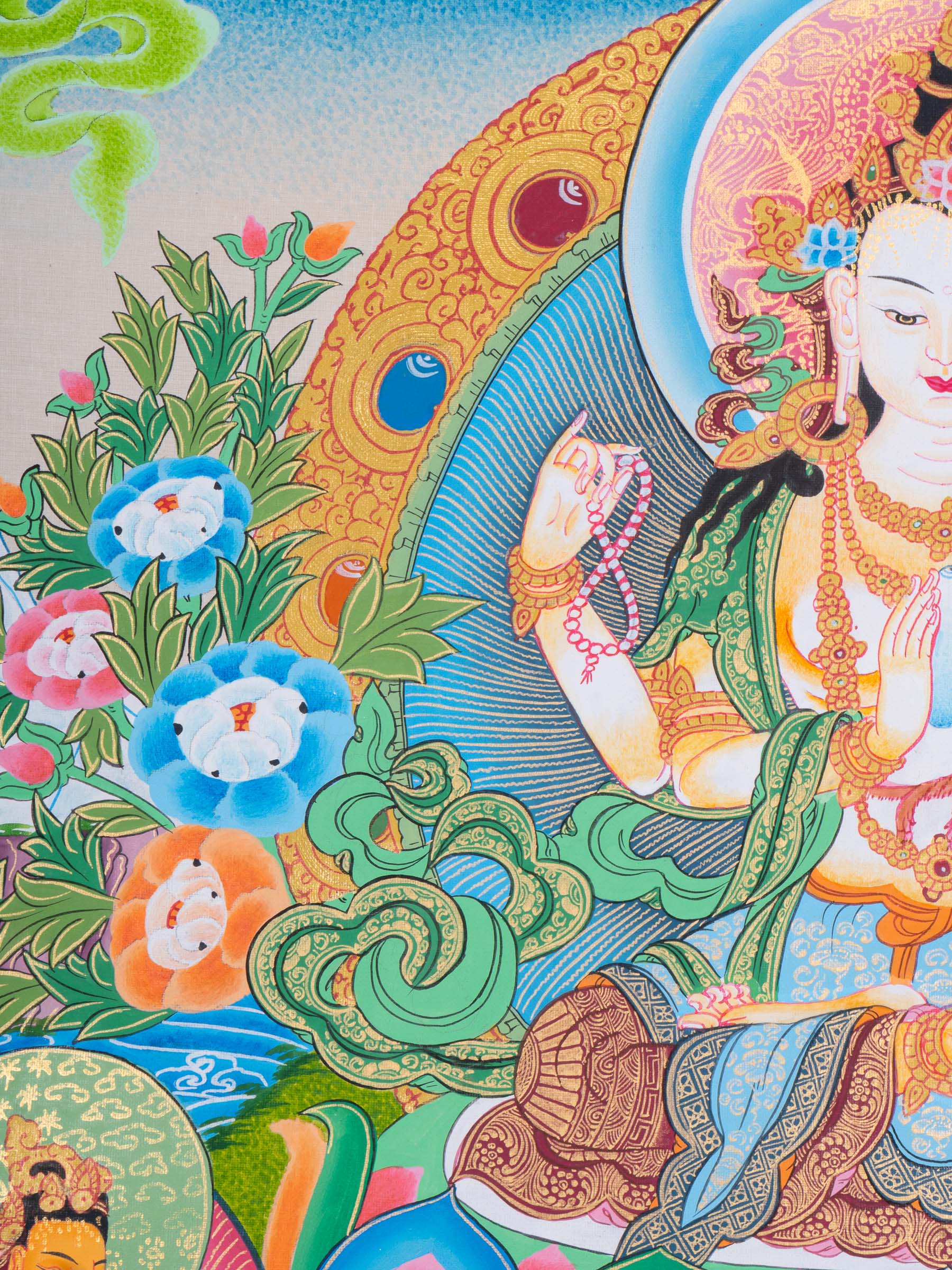 Chenrezig Thangka Painting with two deities