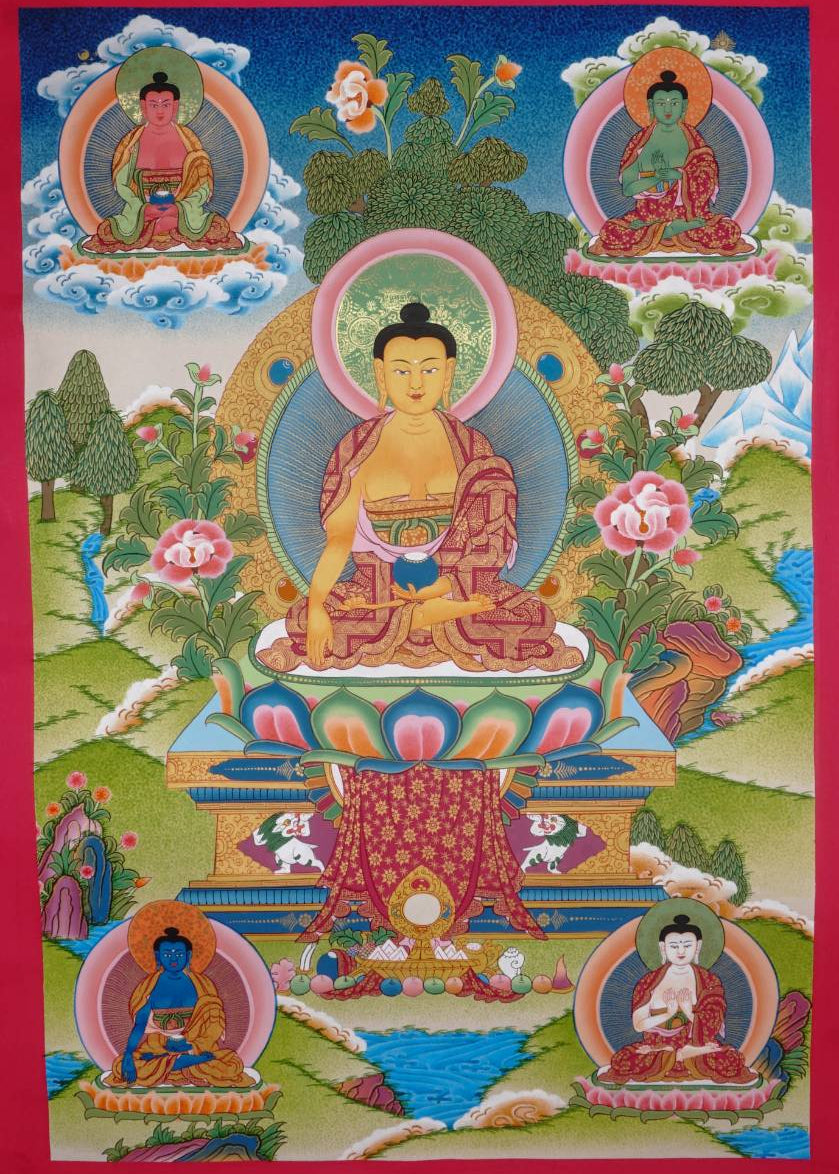 Five Dhyani Buddhas Thangka - Sacred Painting