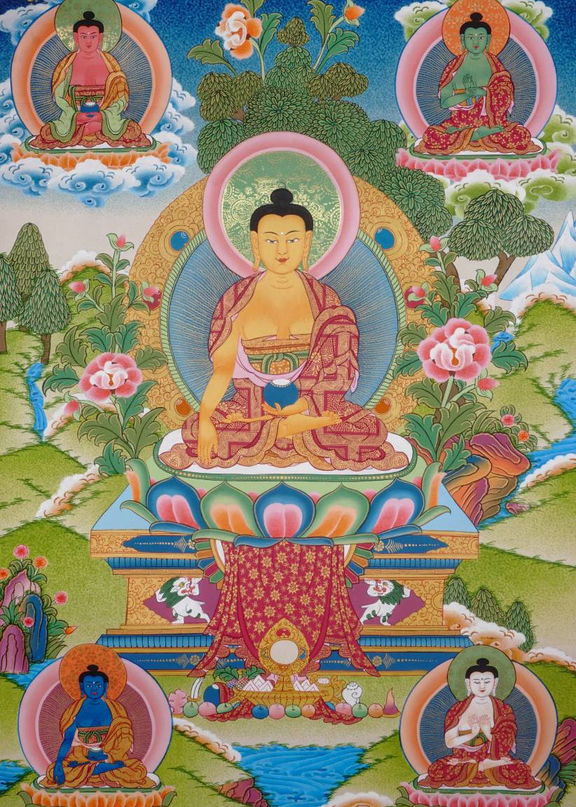 Five Dhyani Buddhas Thangka - Sacred Painting