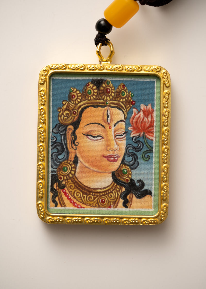 White Tara Ghau Thangka with Locket - Spiritual Pendant