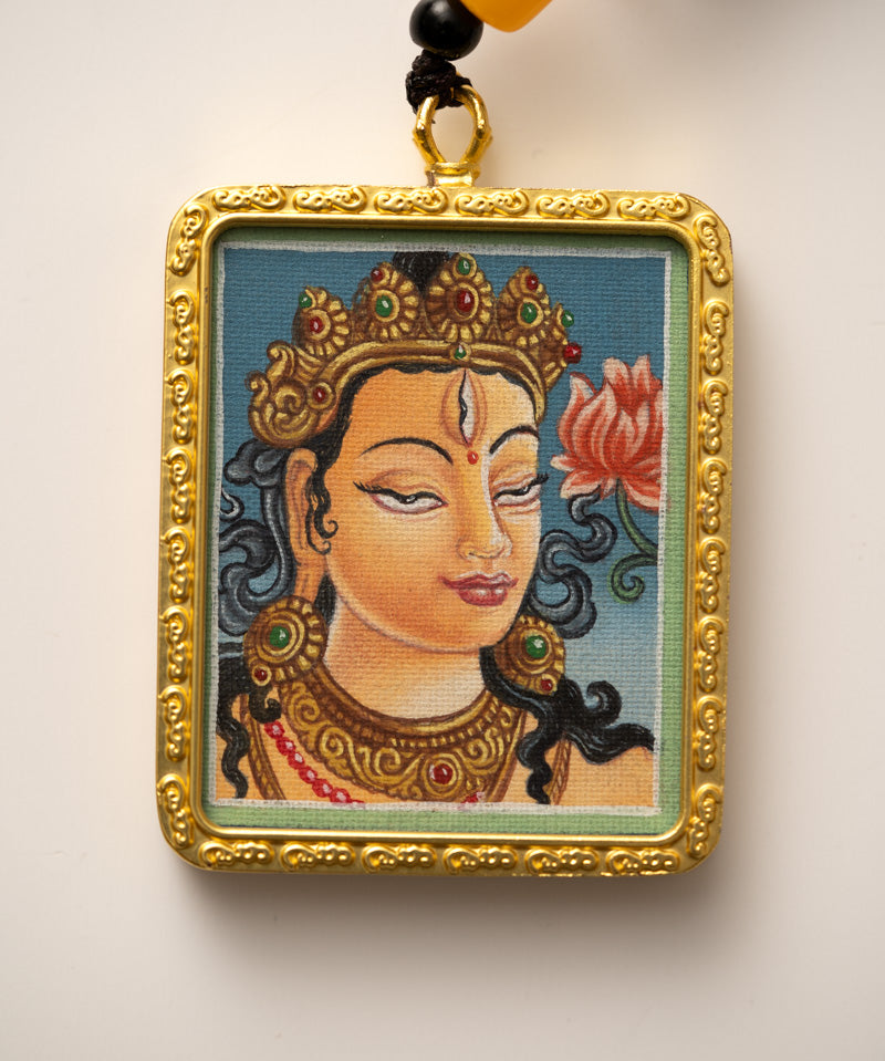 White Tara Ghau Thangka with Locket - Spiritual Pendant