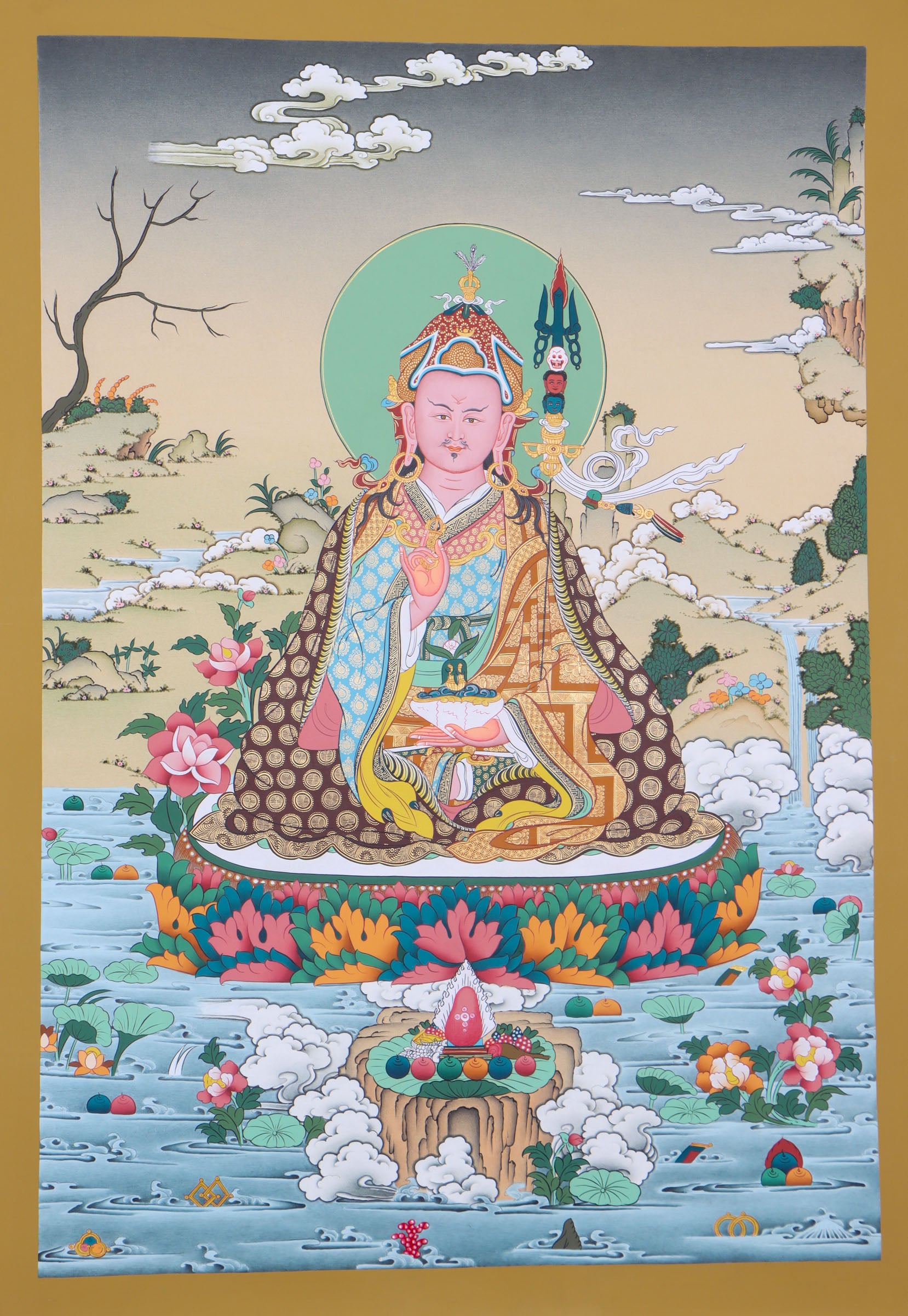 Guru thangka painting is an exquisite work of art and hand painted using natural stone color.