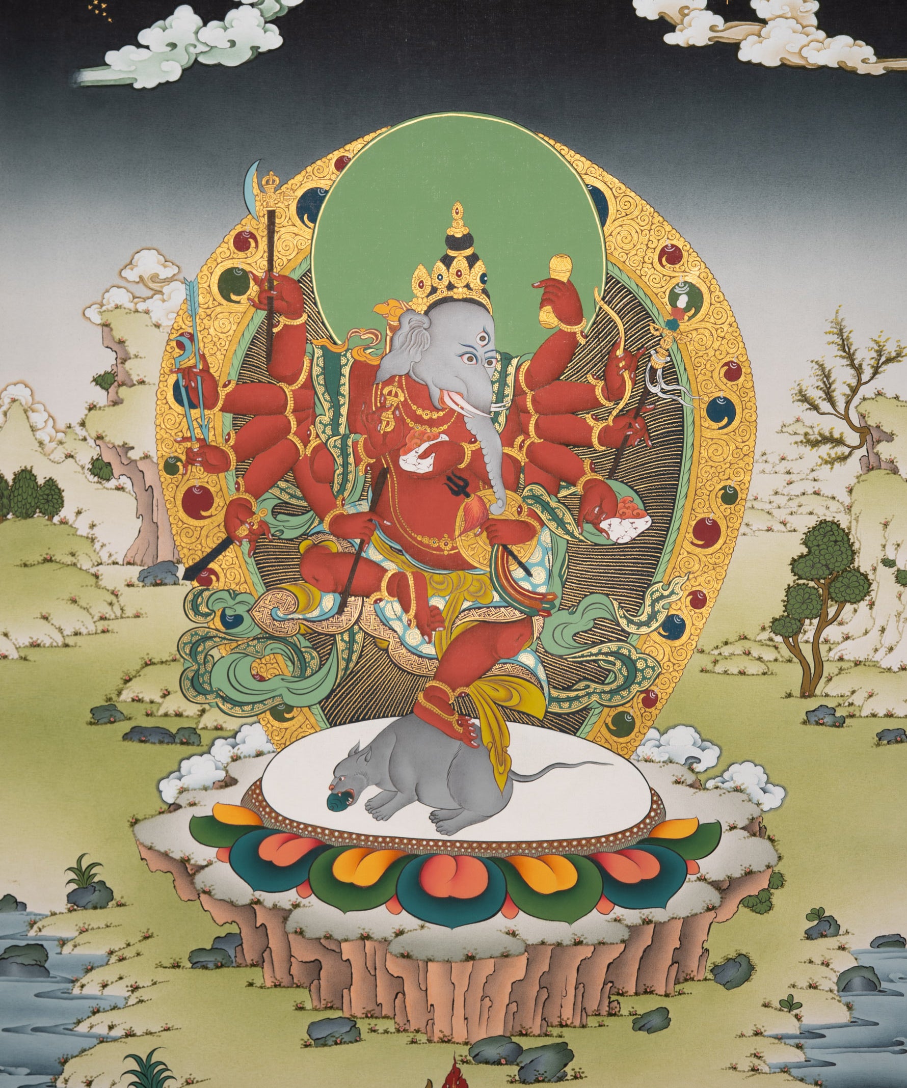 12 arm Ganesh Thangka  - Sacred Handpainted Art