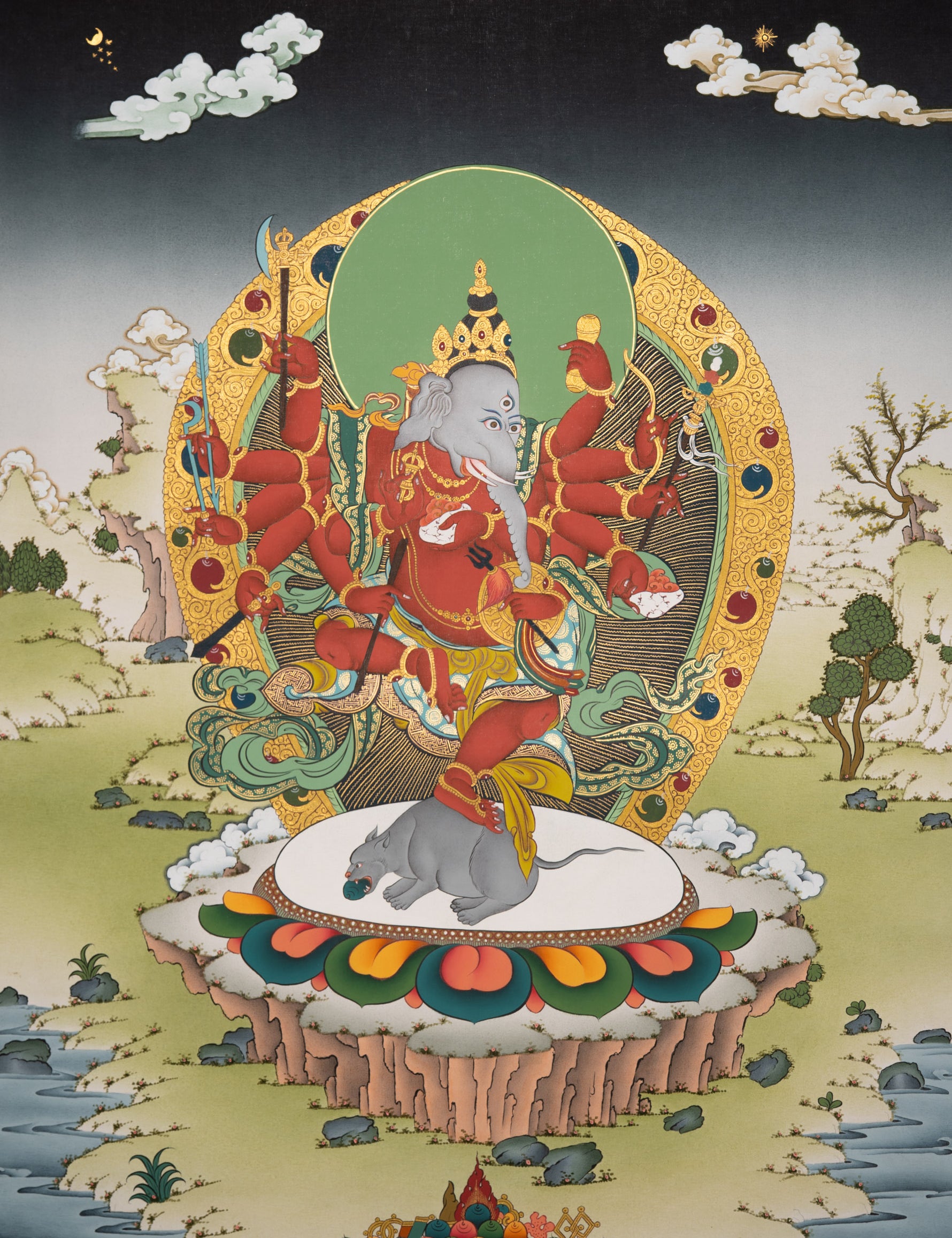 12 arm Ganesh Thangka  - Sacred Handpainted Art