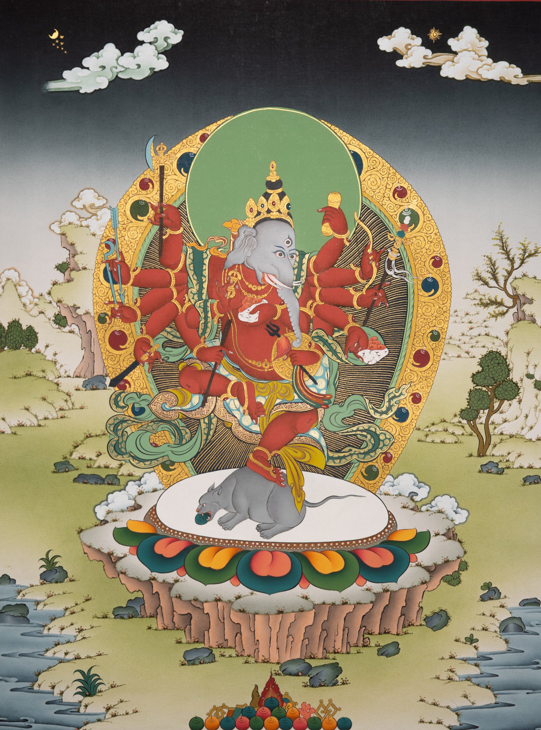 12 arm Ganesh Thangka  - Sacred Handpainted Art
