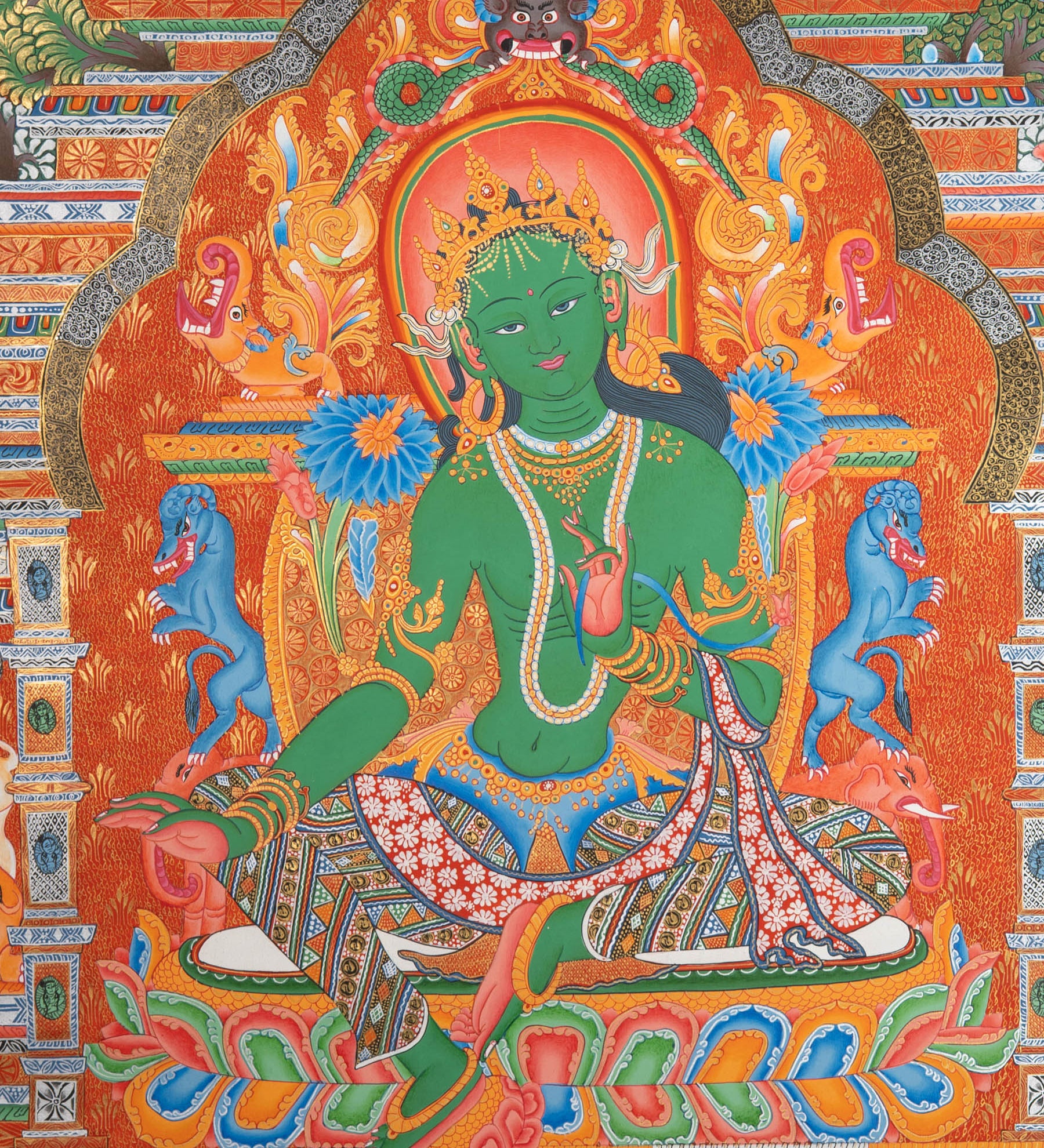 Green Tara (Temple) Thangka - Cotton Canvas Painting