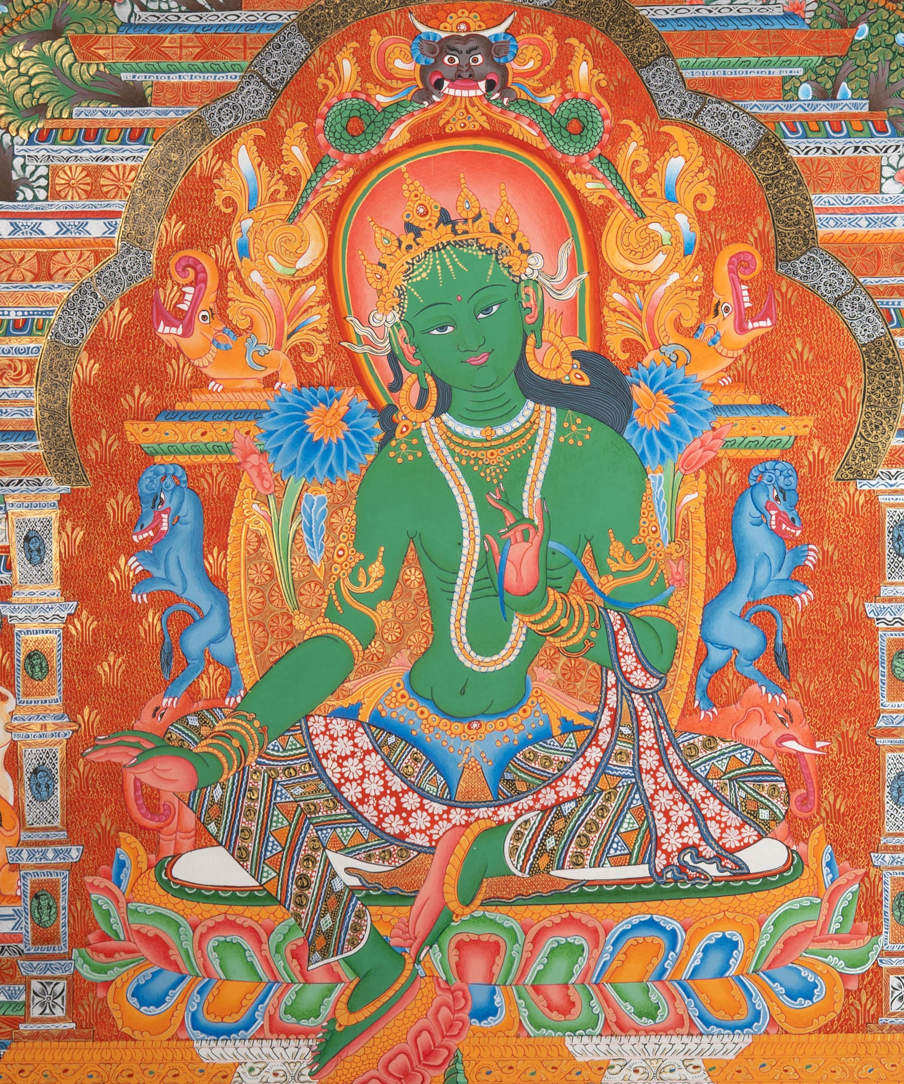 Green Tara (Temple) Thangka - Cotton Canvas Painting