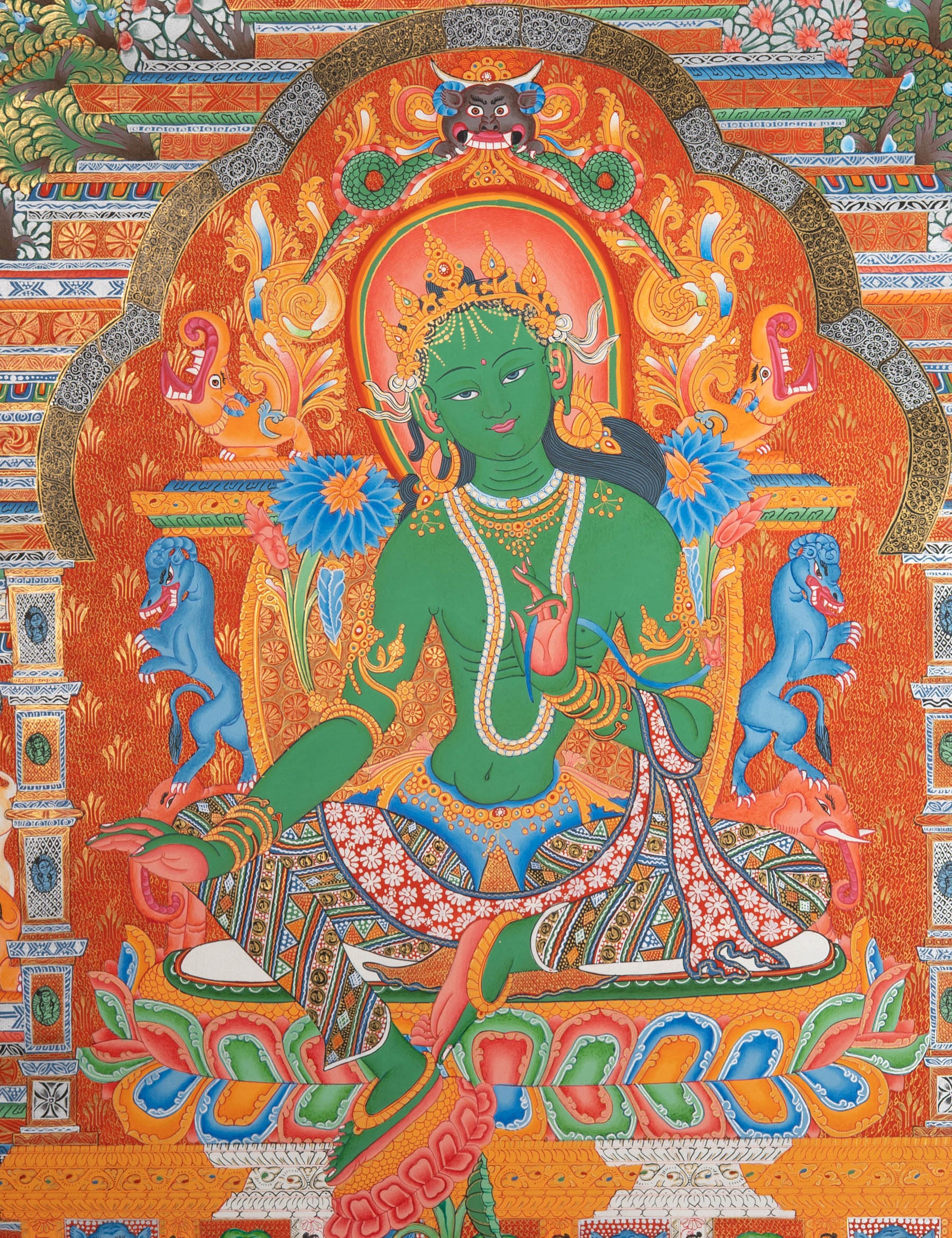 Green Tara (Temple) Thangka - Cotton Canvas Painting