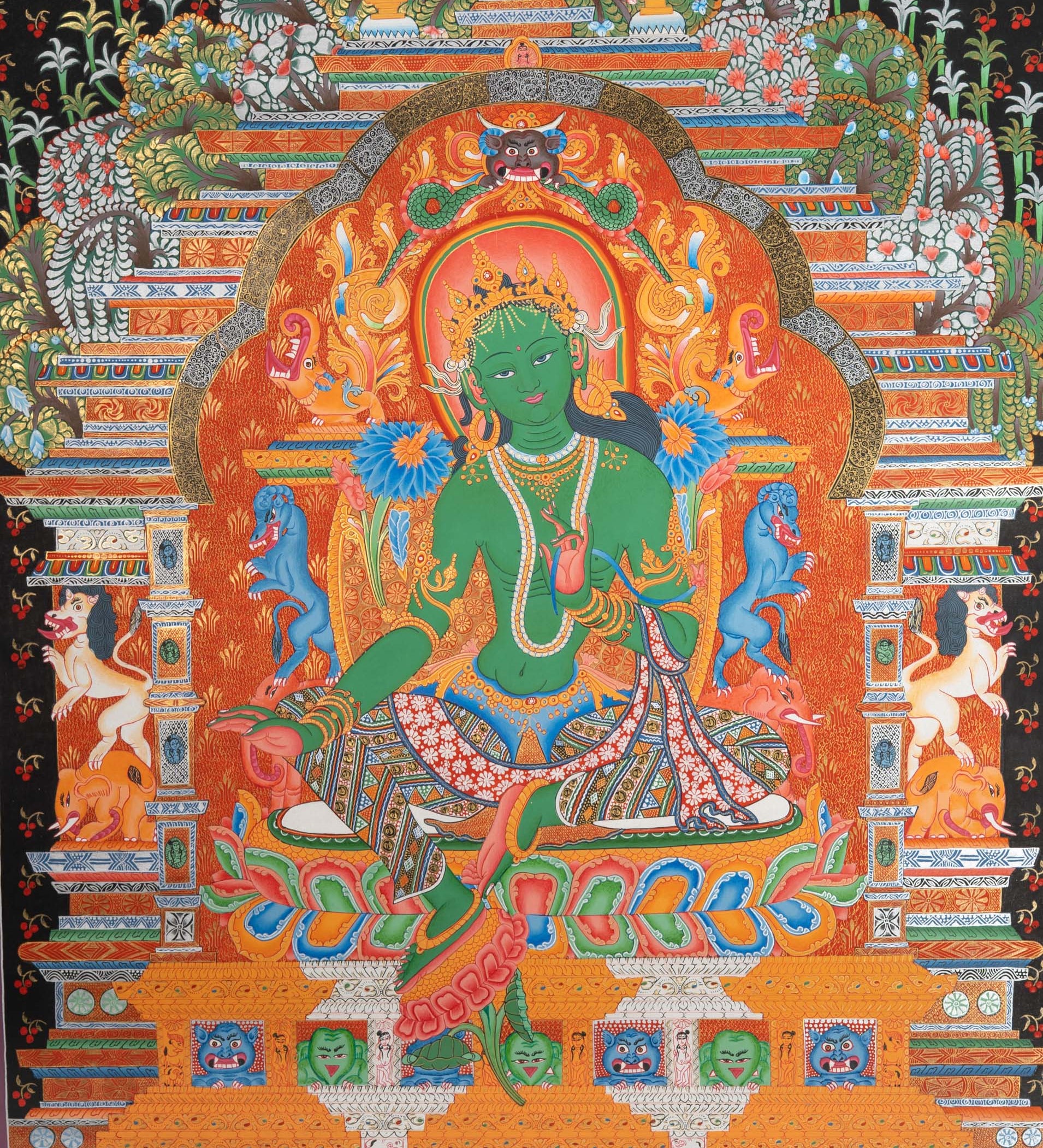 Green Tara (Temple) Thangka - Cotton Canvas Painting
