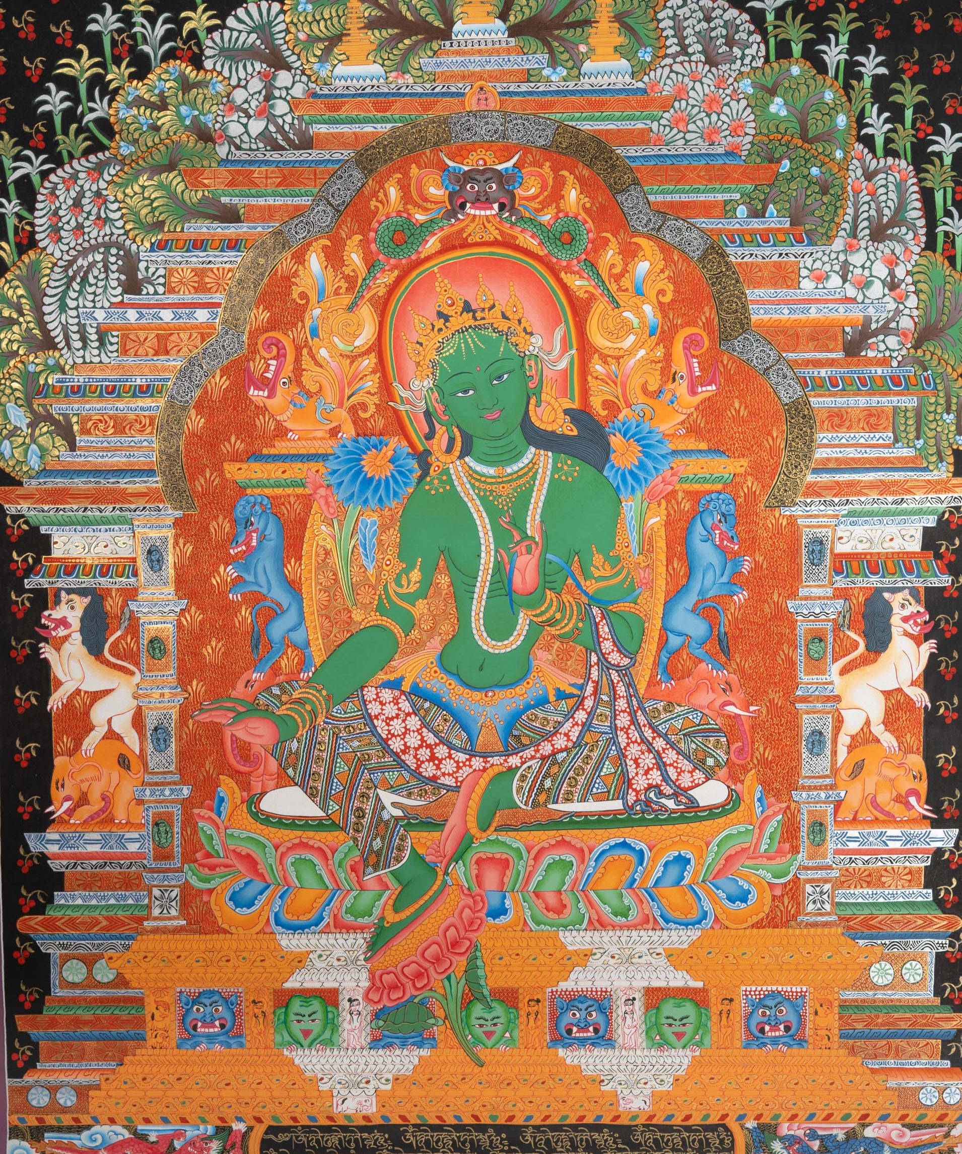 Green Tara (Temple) Thangka - Cotton Canvas Painting