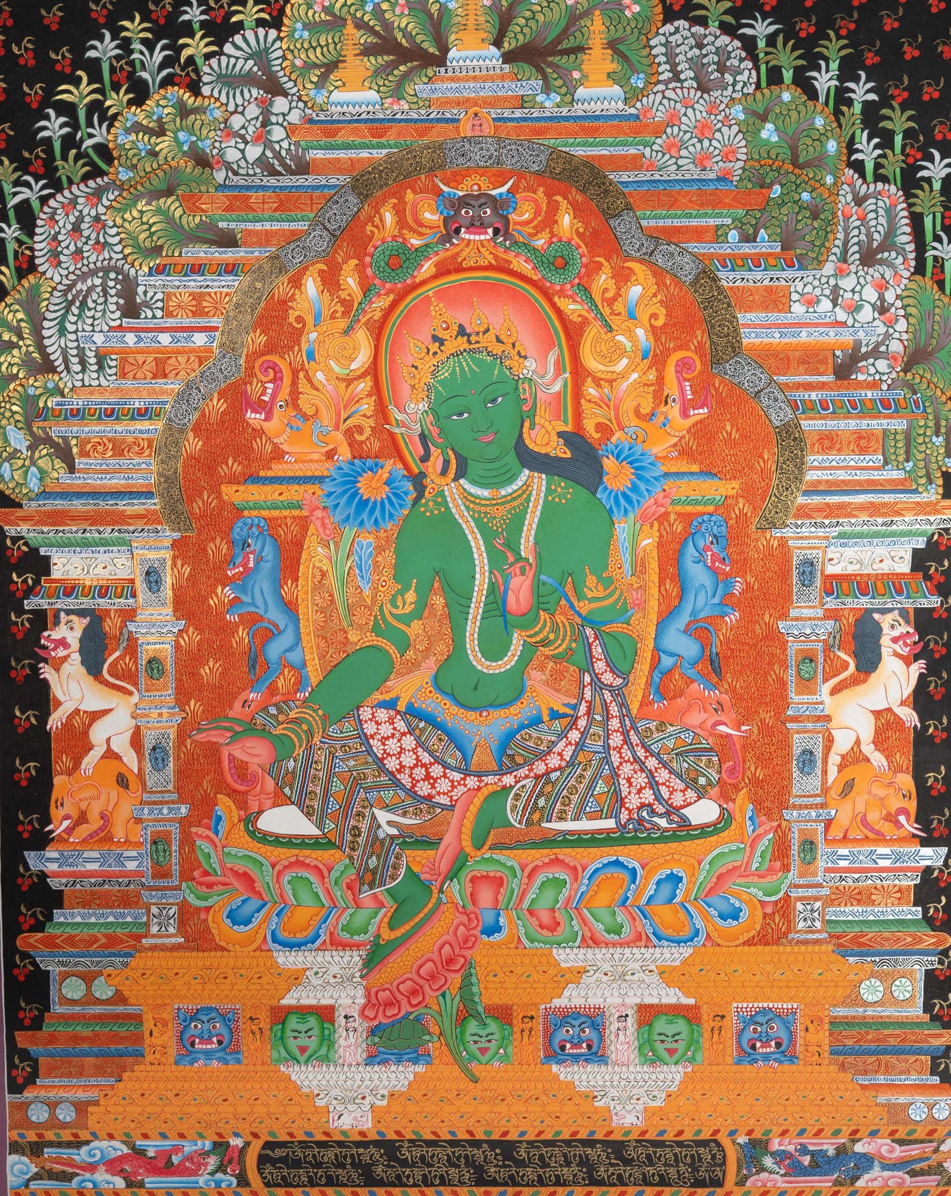 Green Tara (Temple) Thangka - Cotton Canvas Painting