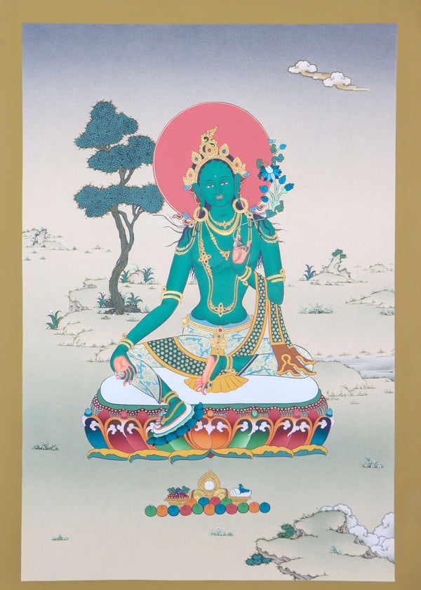 Green Tara thangka is a holy depiction of the famed Buddhist goddess.