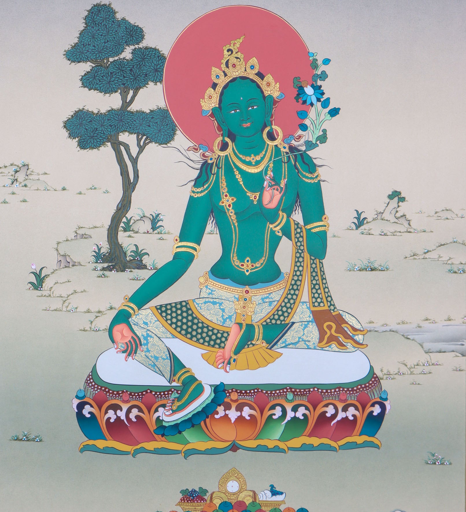 Green Tara thangka is a holy depiction of the famed Buddhist goddess, karma gadari design