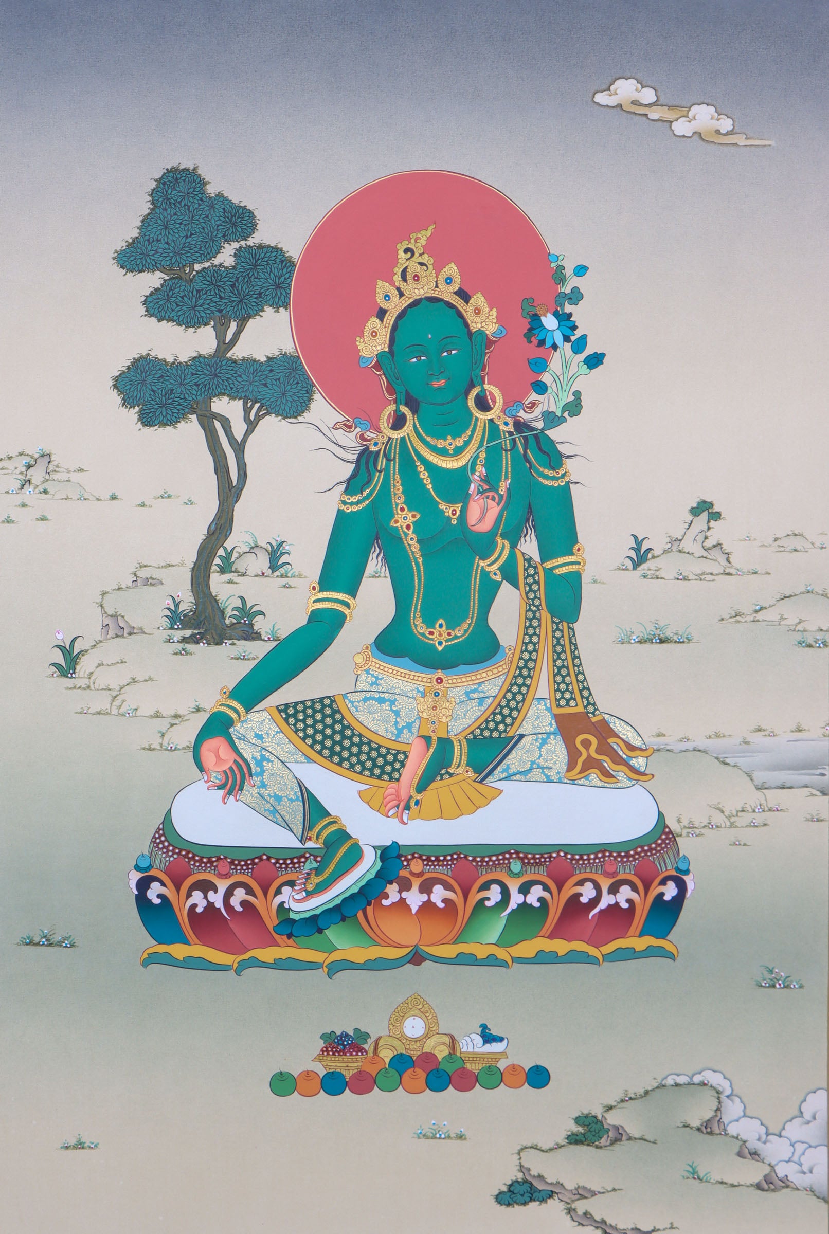 Green Tara thangka is a holy depiction of the famed Buddhist goddess, karma gadari design