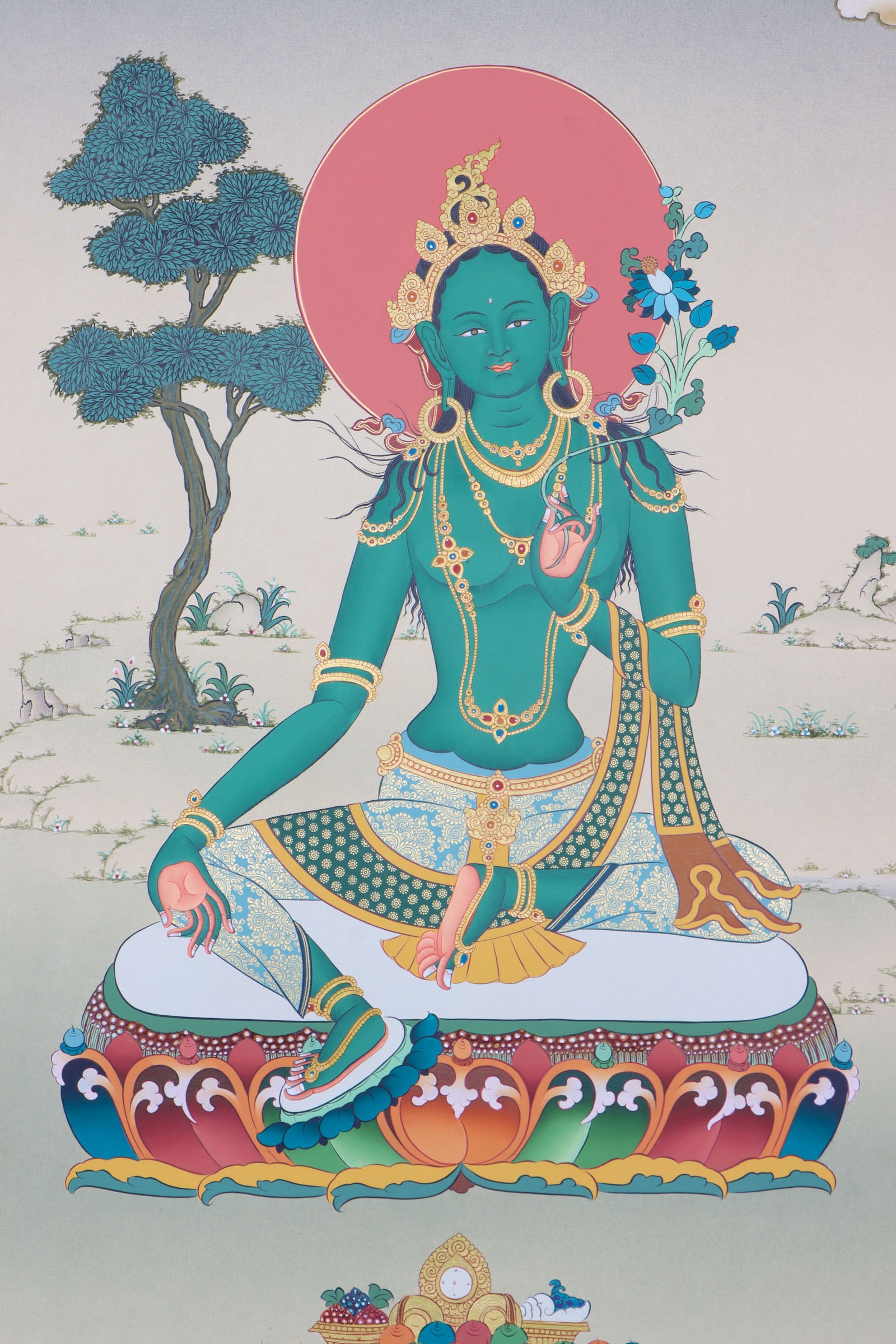 Green Tara thangka is a holy depiction of the famed Buddhist goddess