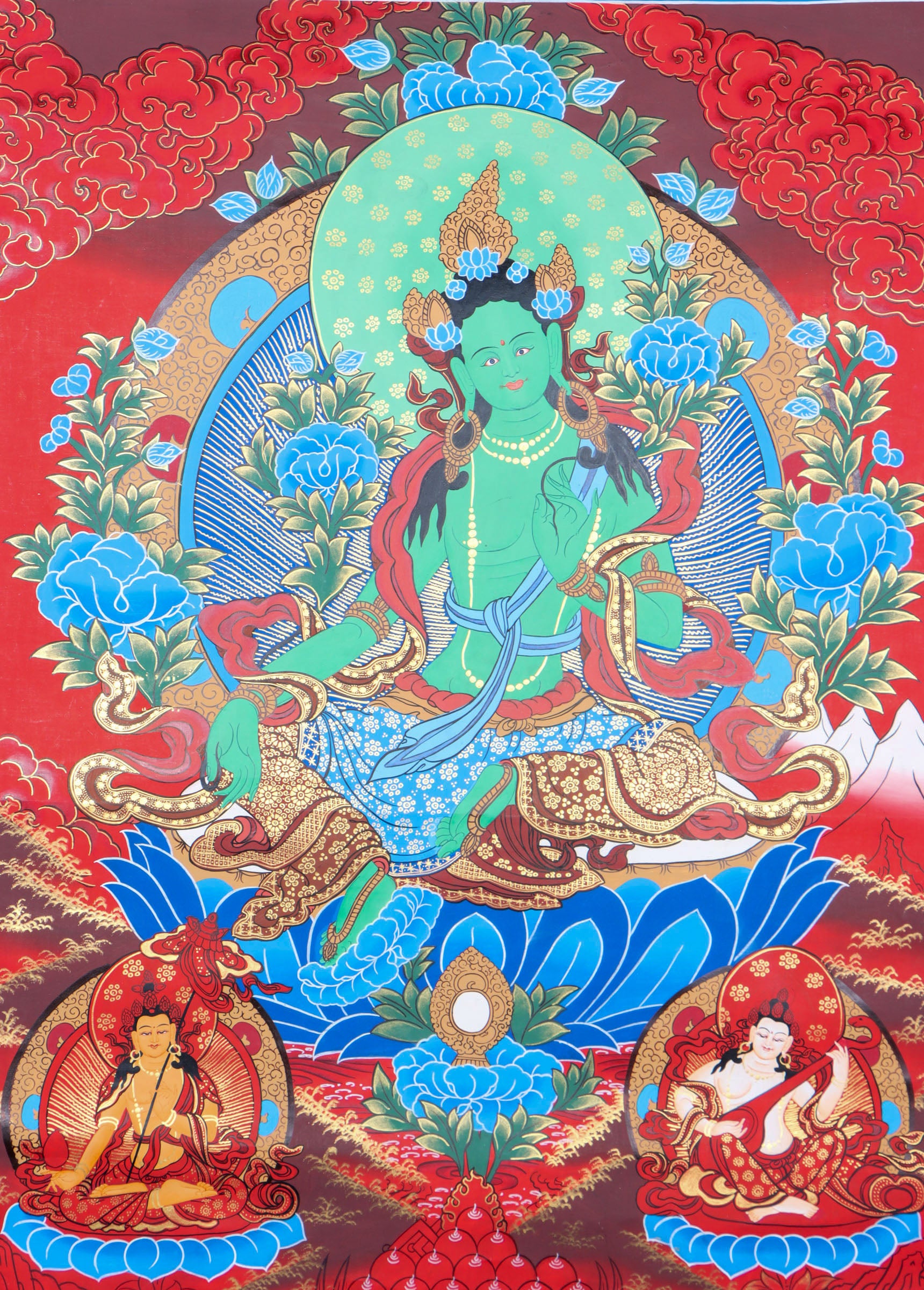 Green Tara thangka is ideal for spiritual meditation and physical and mental transformation.