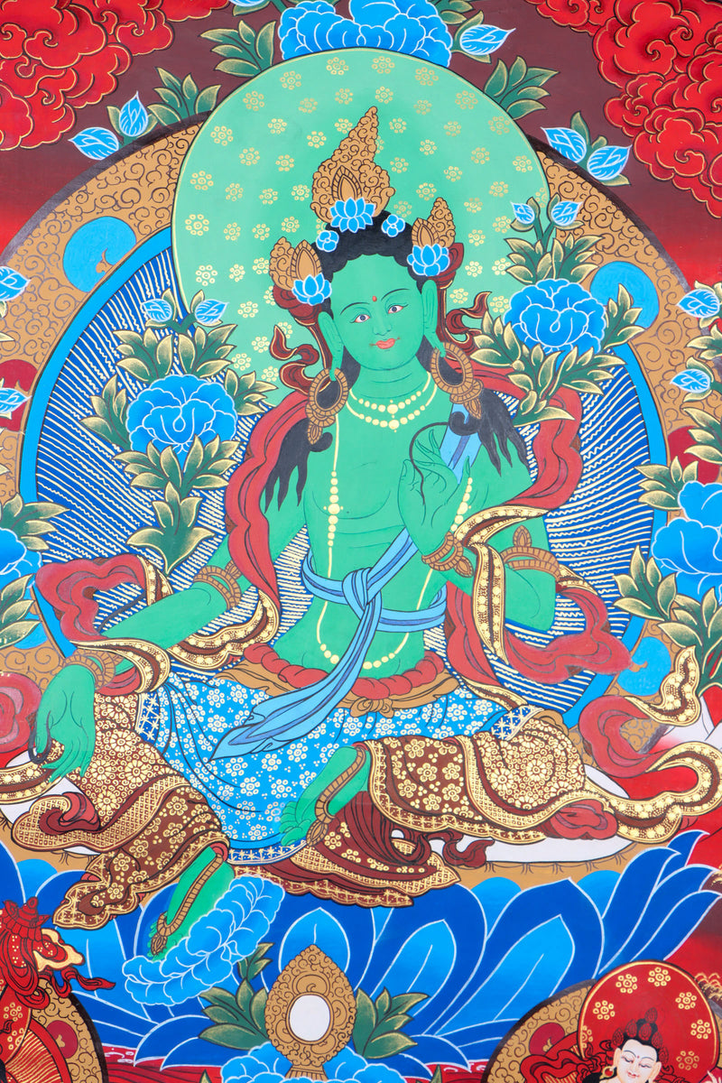 Green Tara thangka is ideal for spiritual meditation and physical and mental transformation.