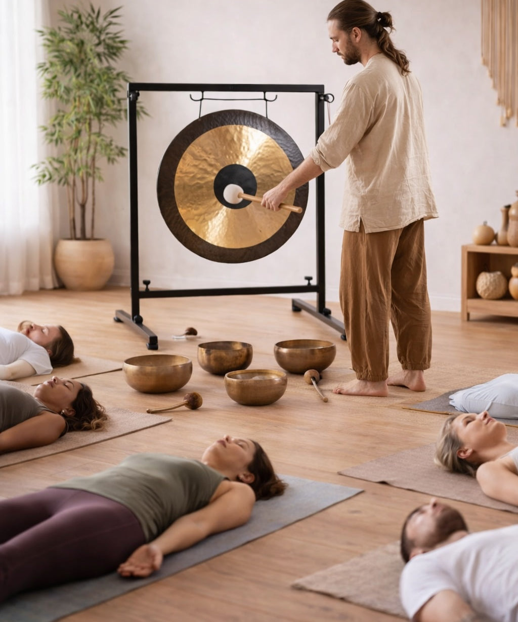 Person striking a handmade gong in a yoga studio with people lying on mats.