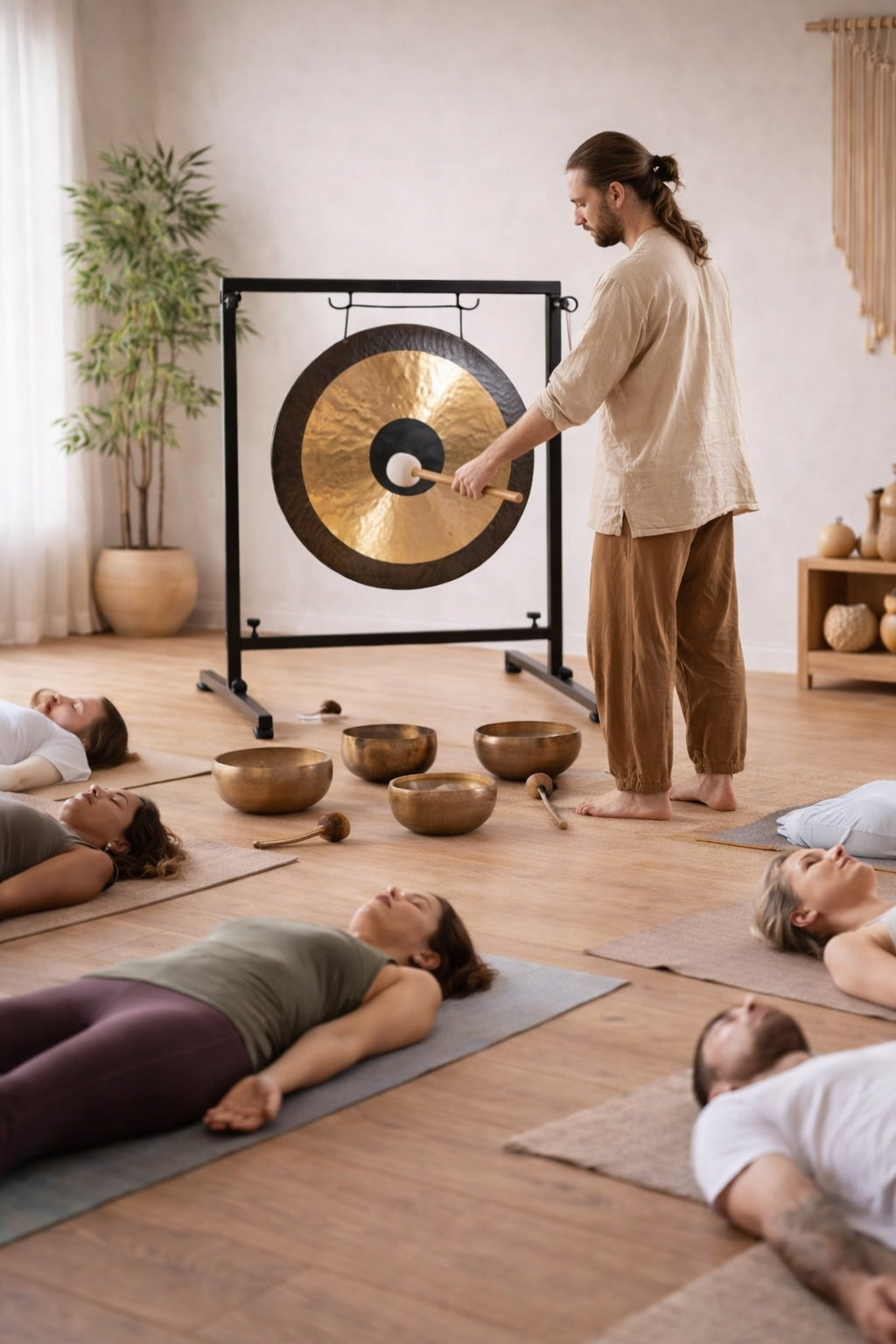 Person striking a handmade gong in a yoga studio with people lying on mats.