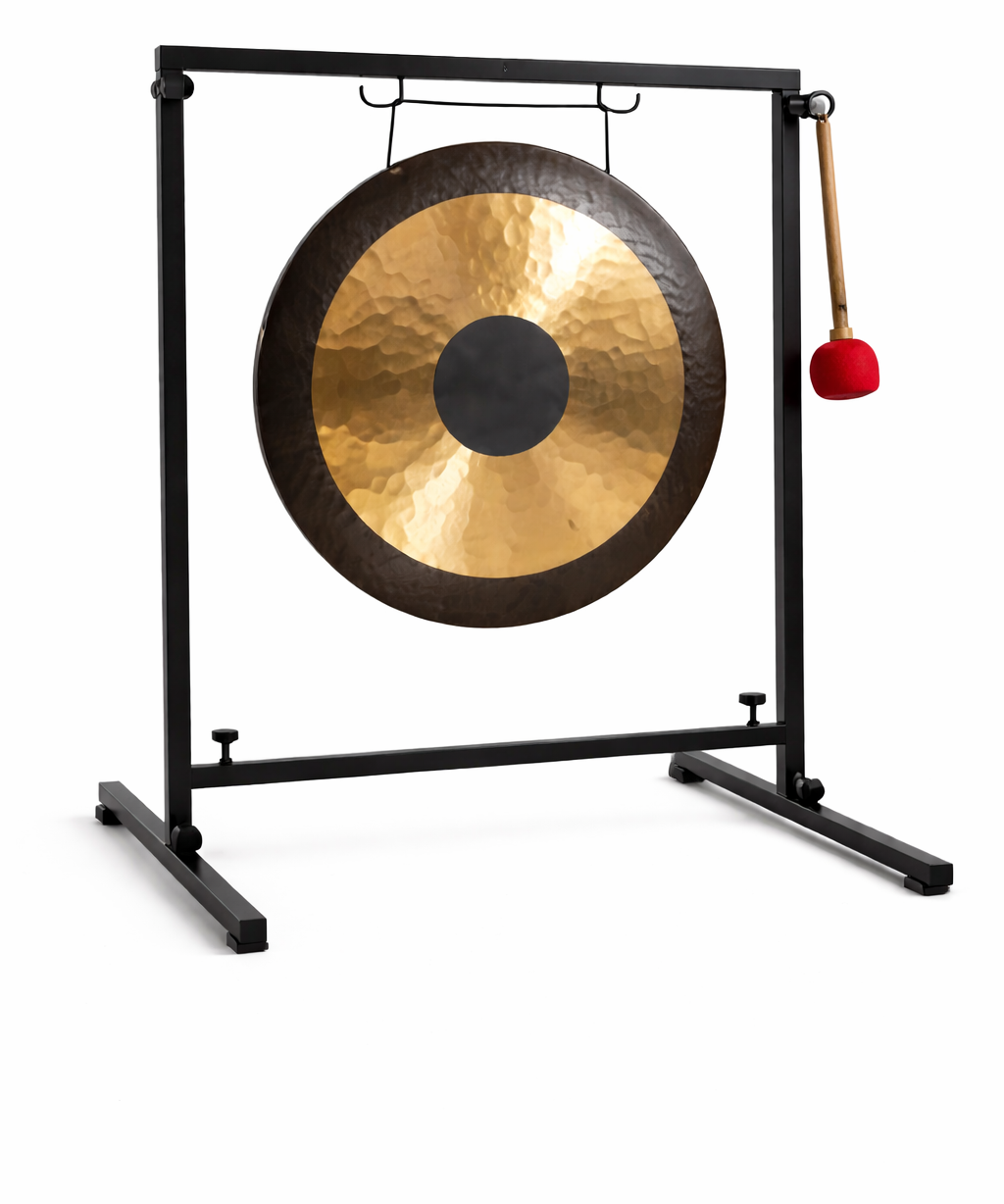 Hand made Gong on a stand with a red mallet on a white background