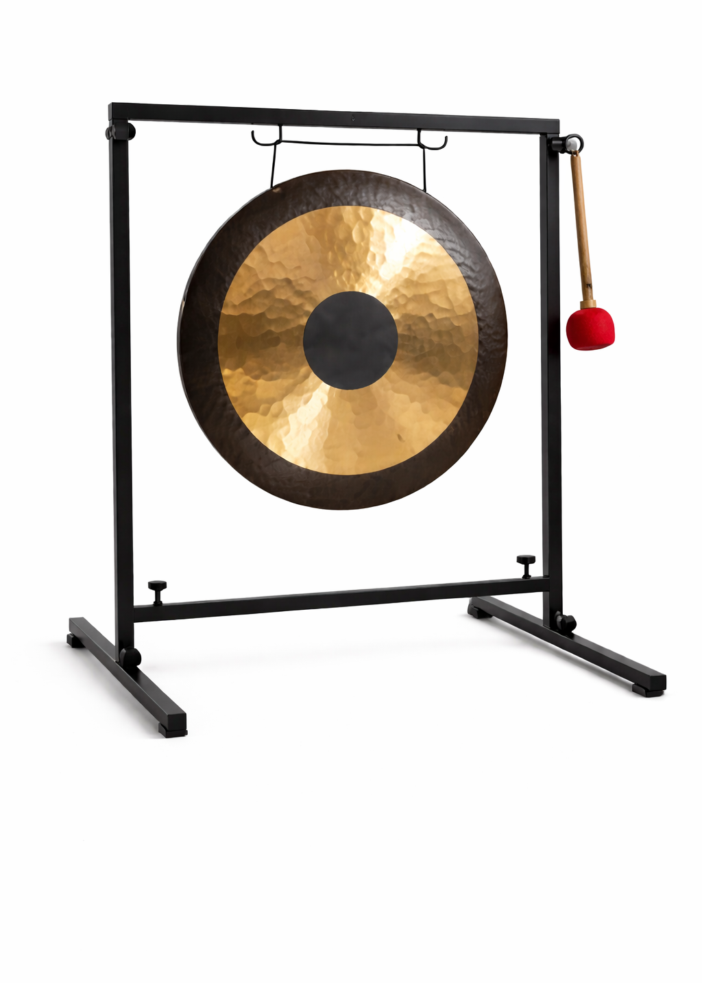 Hand made Gong on a stand with a red mallet on a white background
