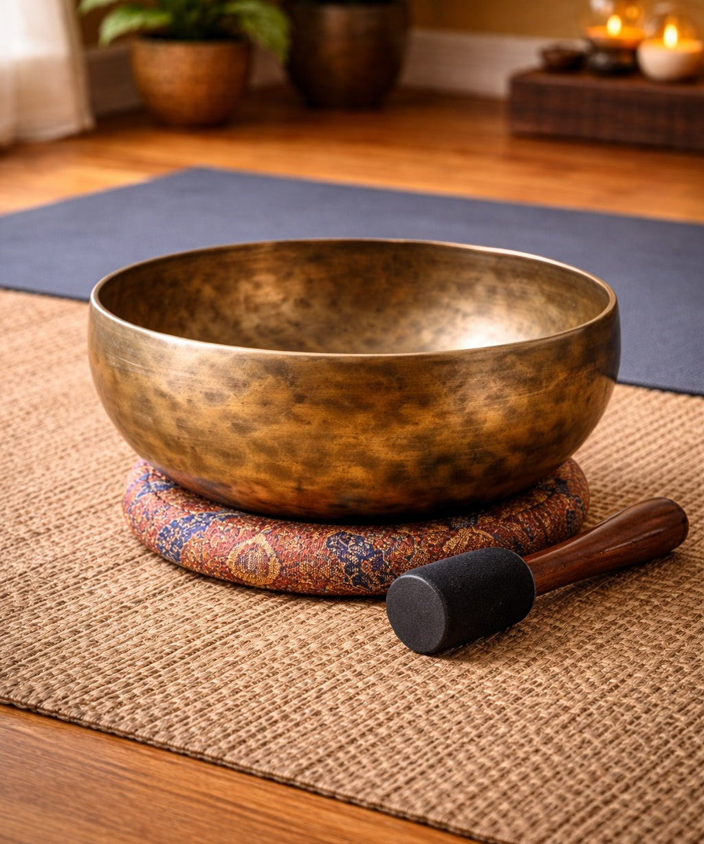 handmade Tibetan singing bowl with a mallet on a mat in a room 