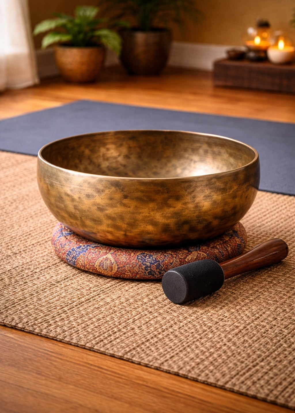 handmade Tibetan singing bowl with a mallet on a mat in a room 