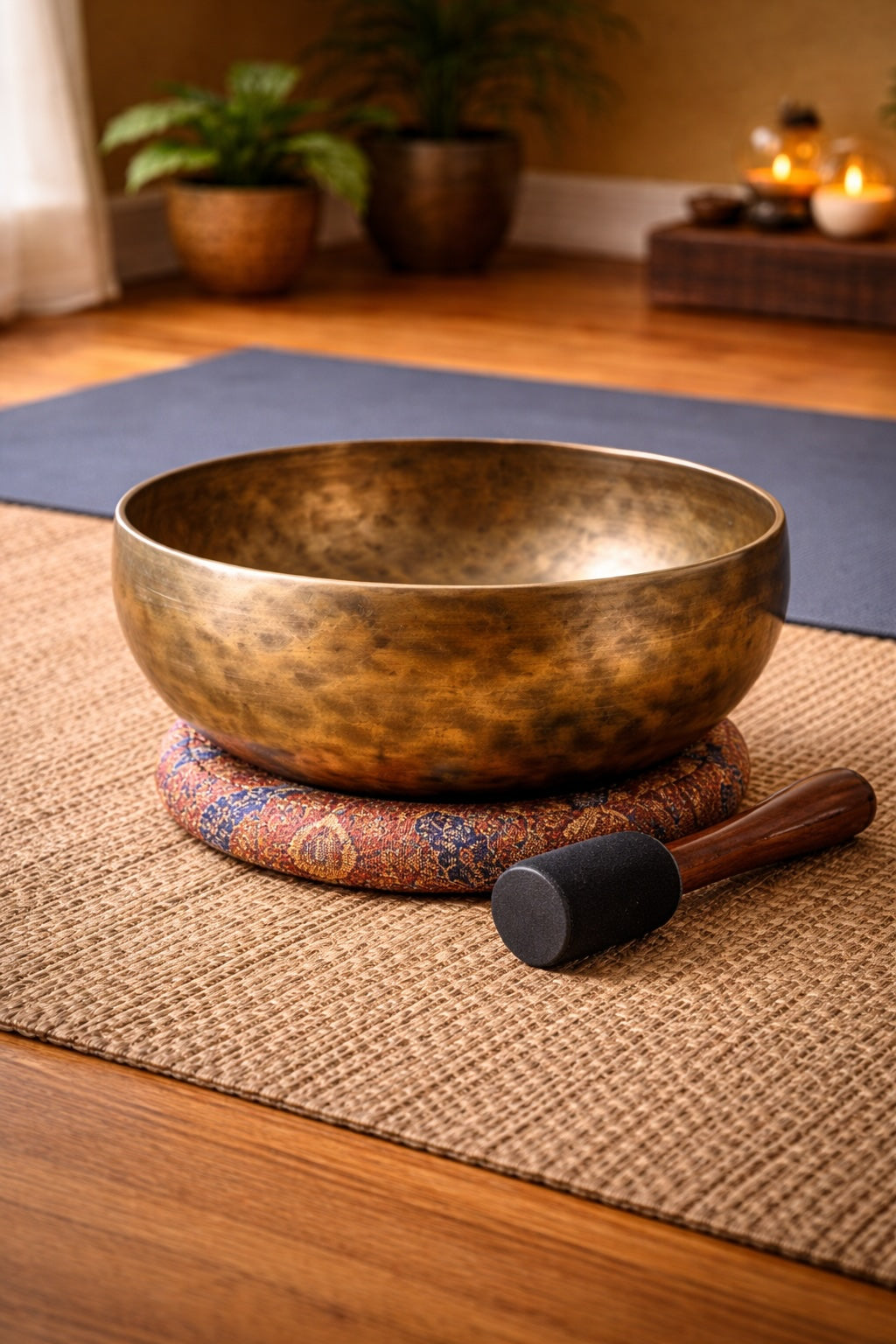 handmade Tibetan singing bowl with a mallet on a mat in a room 